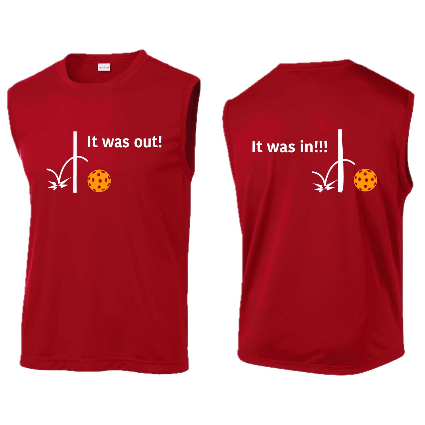 It Was Out! It Was In! (Pickleballs Cyan Green Orange) | Men's Sleeveless Athletic Performance T-Shirt | 100% Polyester