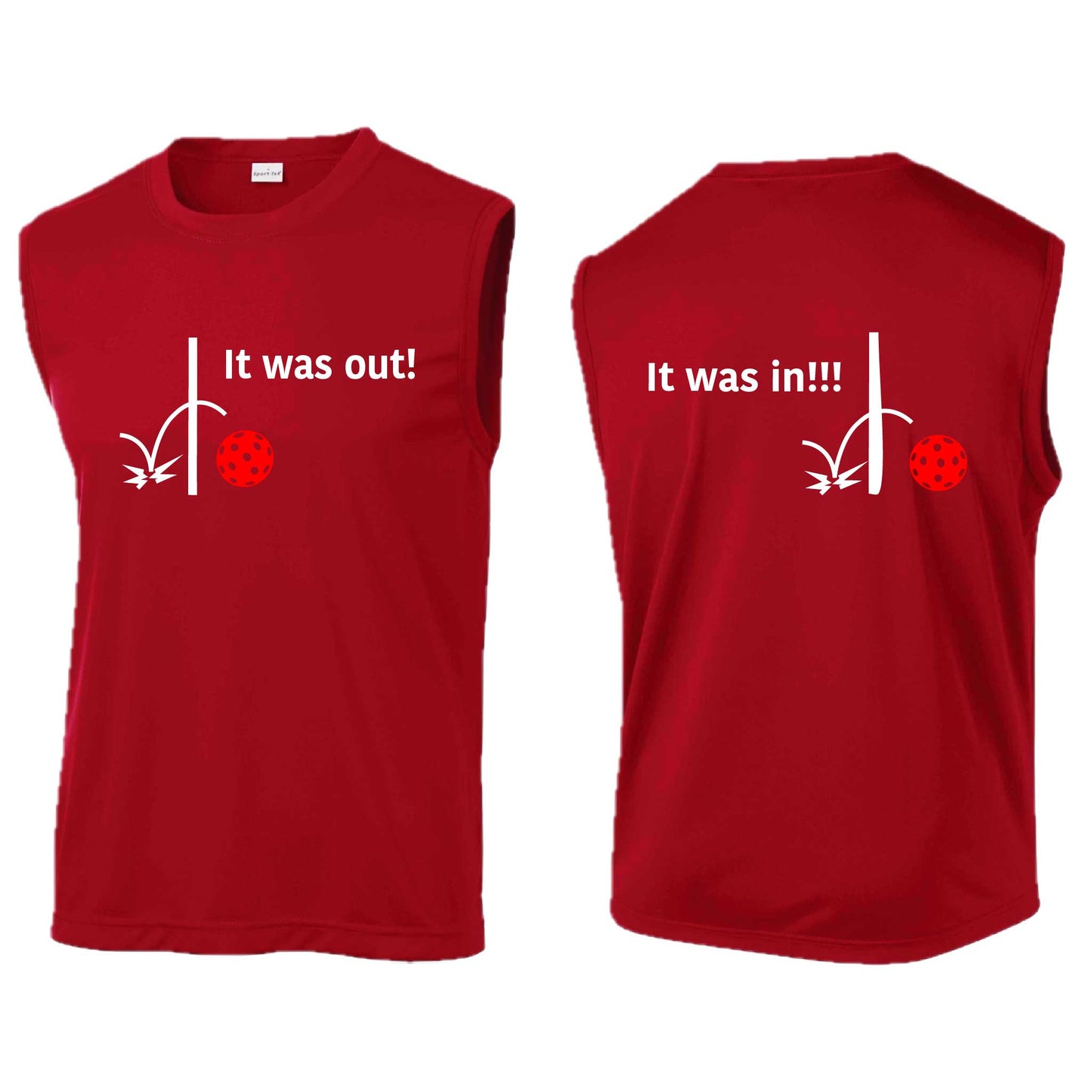 It Was Out! It Was In! (Pickleballs Red White Yellow) | Men's Sleeveless Athletic Performance T-Shirt | 100% Polyester