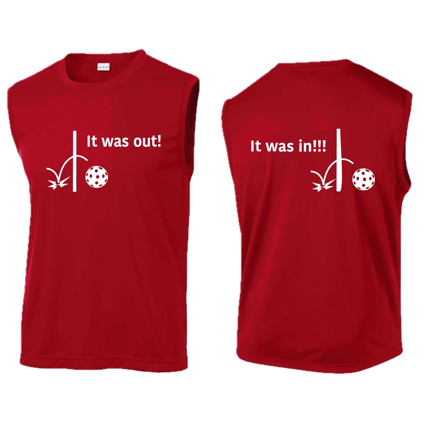 It Was Out! It Was In! (Pickleballs Red White Yellow) | Men's Sleeveless Athletic Performance T-Shirt | 100% Polyester