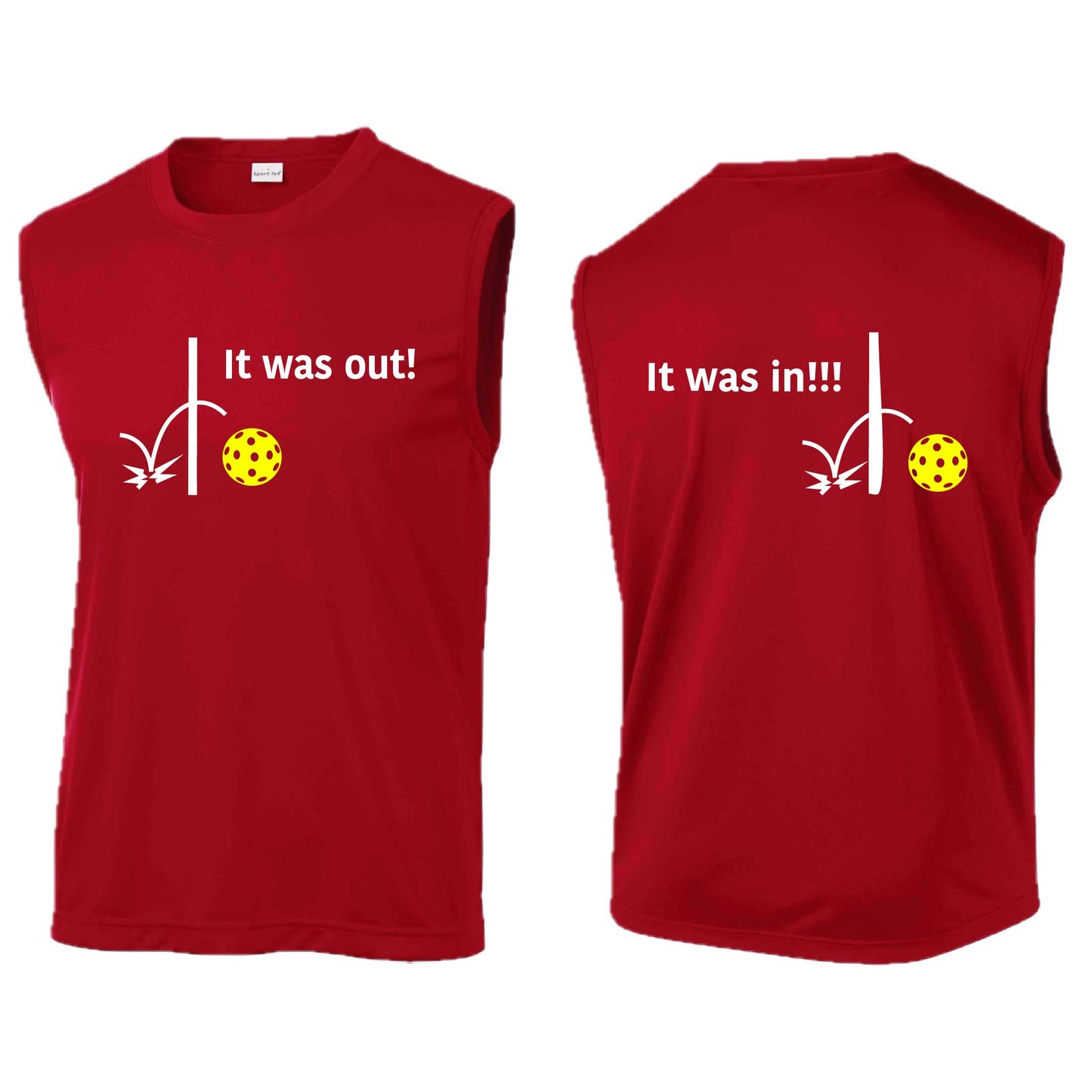 It Was Out! It Was In! (Pickleballs Red White Yellow) | Men's Sleeveless Athletic Performance T-Shirt | 100% Polyester
