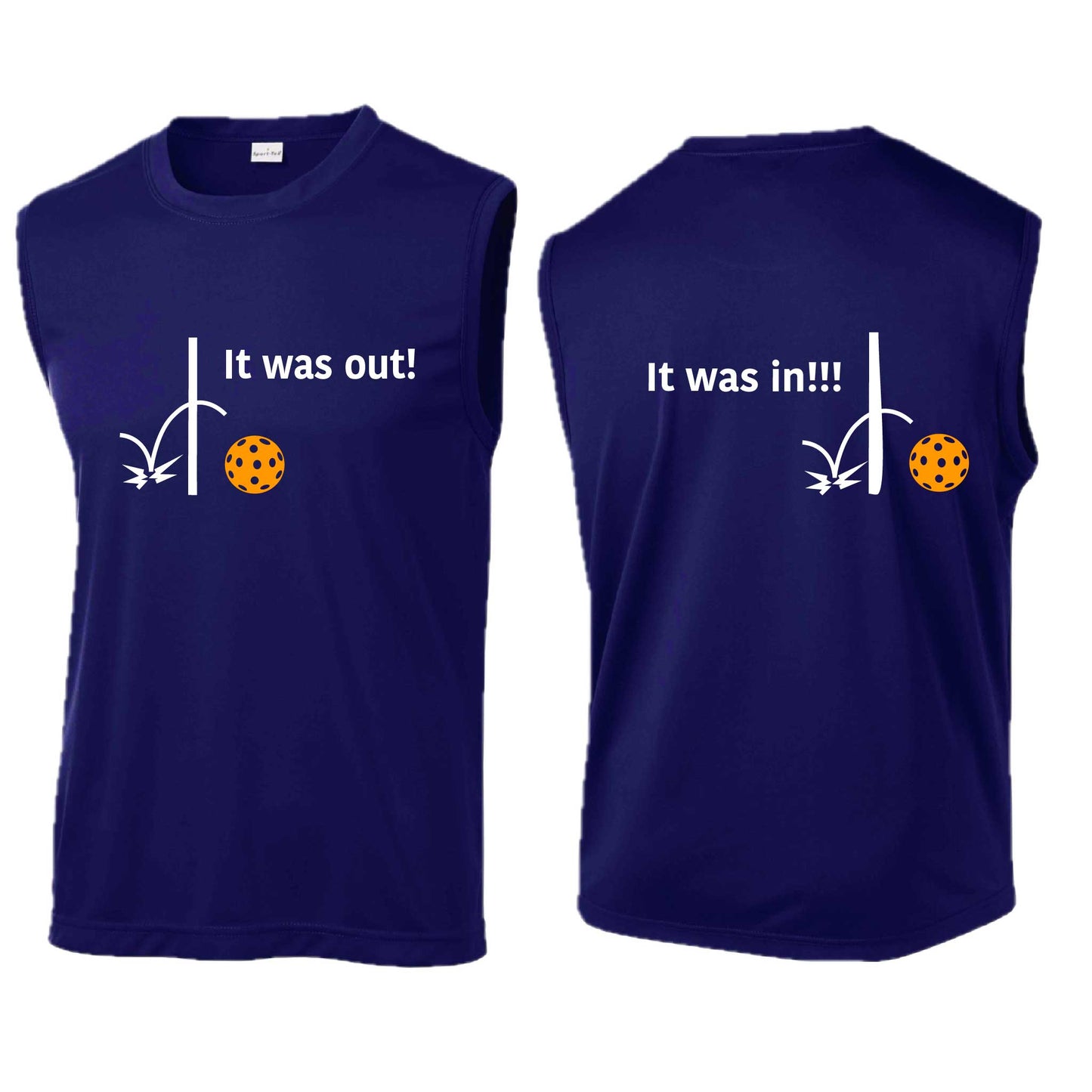 It Was Out! It Was In! (Pickleballs Cyan Green Orange) | Men's Sleeveless Athletic Performance T-Shirt | 100% Polyester