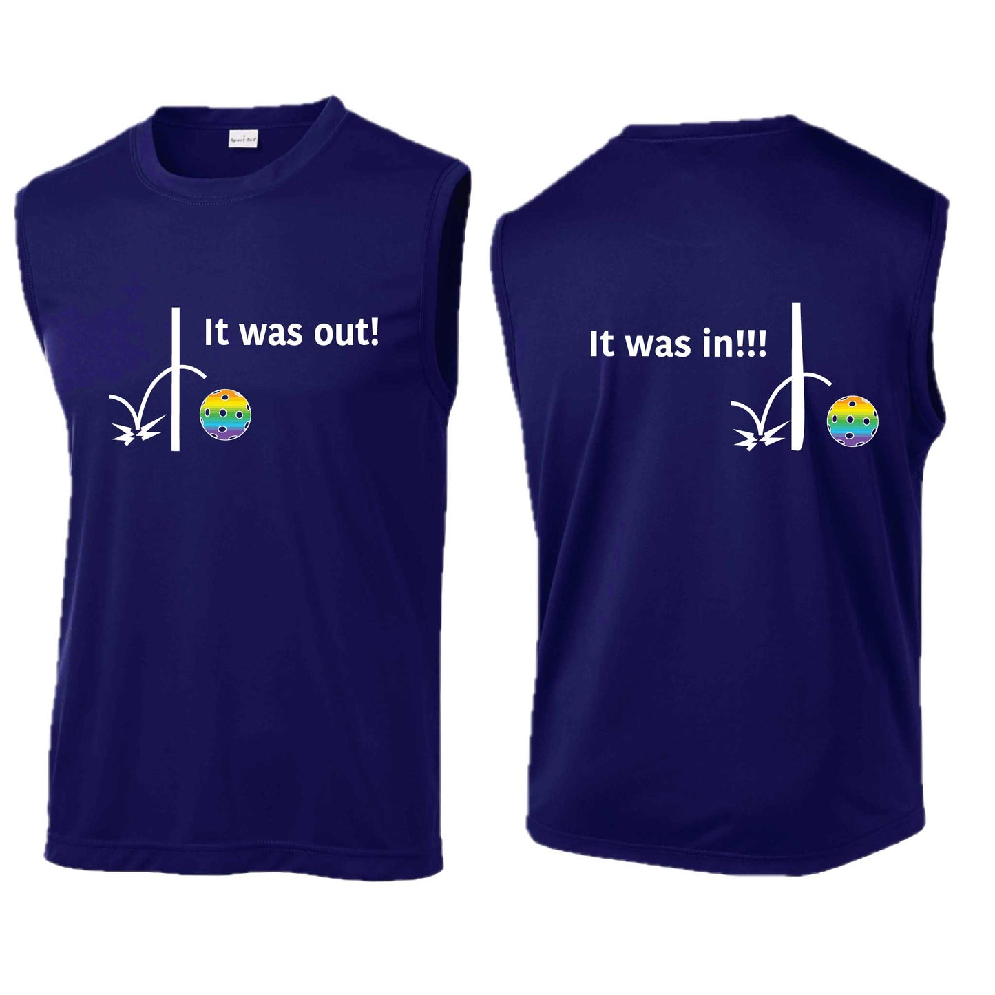 It Was Out! It Was In! (Pickleballs Pink Purple Rainbow) | Men's Sleeveless Athletic Performance T-Shirt | 100% Polyester