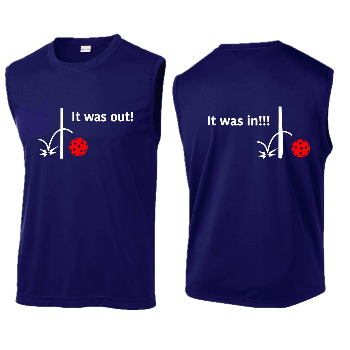 It Was Out! It Was In! (Pickleballs Red White Yellow) | Men's Sleeveless Athletic Performance T-Shirt | 100% Polyester