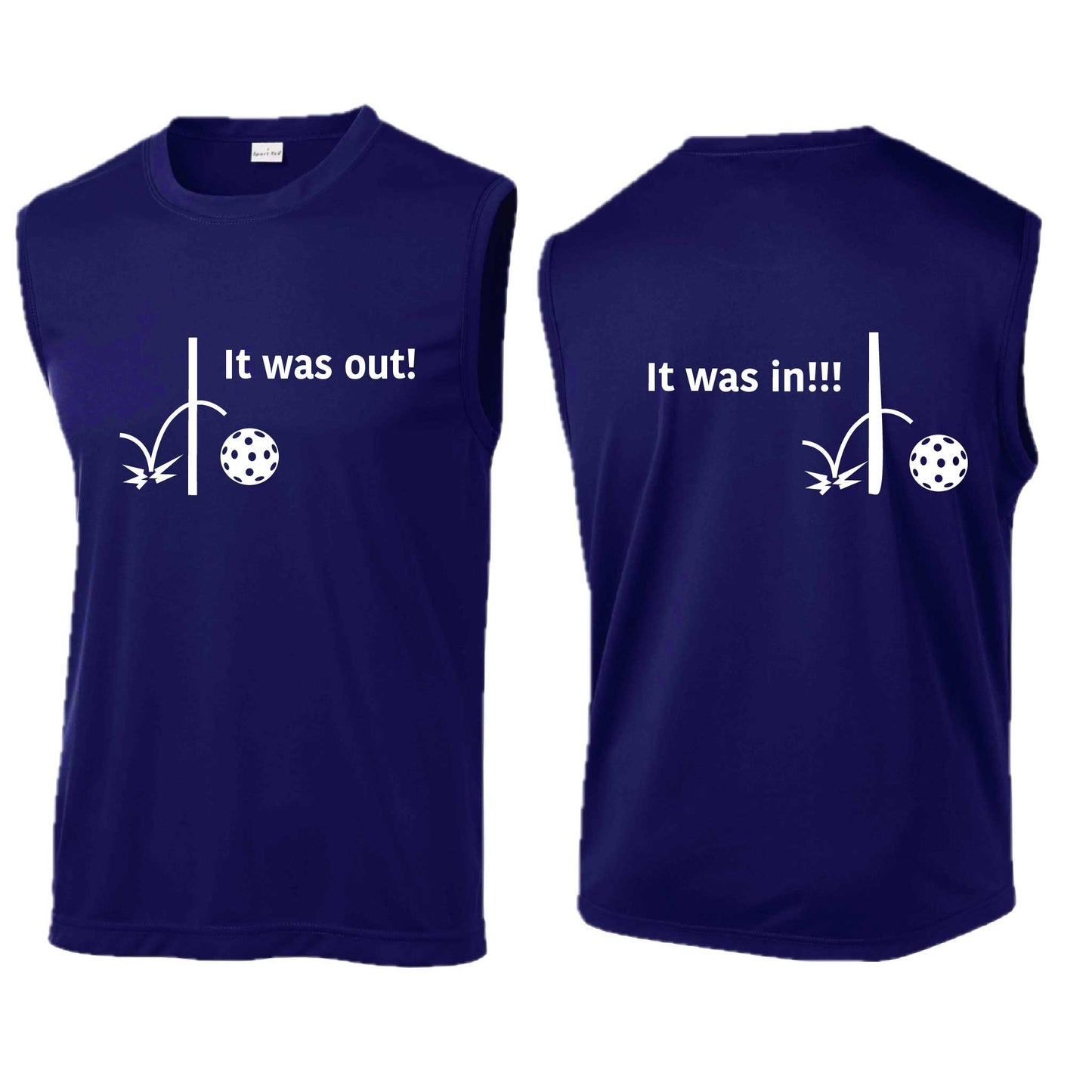 It Was Out! It Was In! (Pickleballs Red White Yellow) | Men's Sleeveless Athletic Performance T-Shirt | 100% Polyester