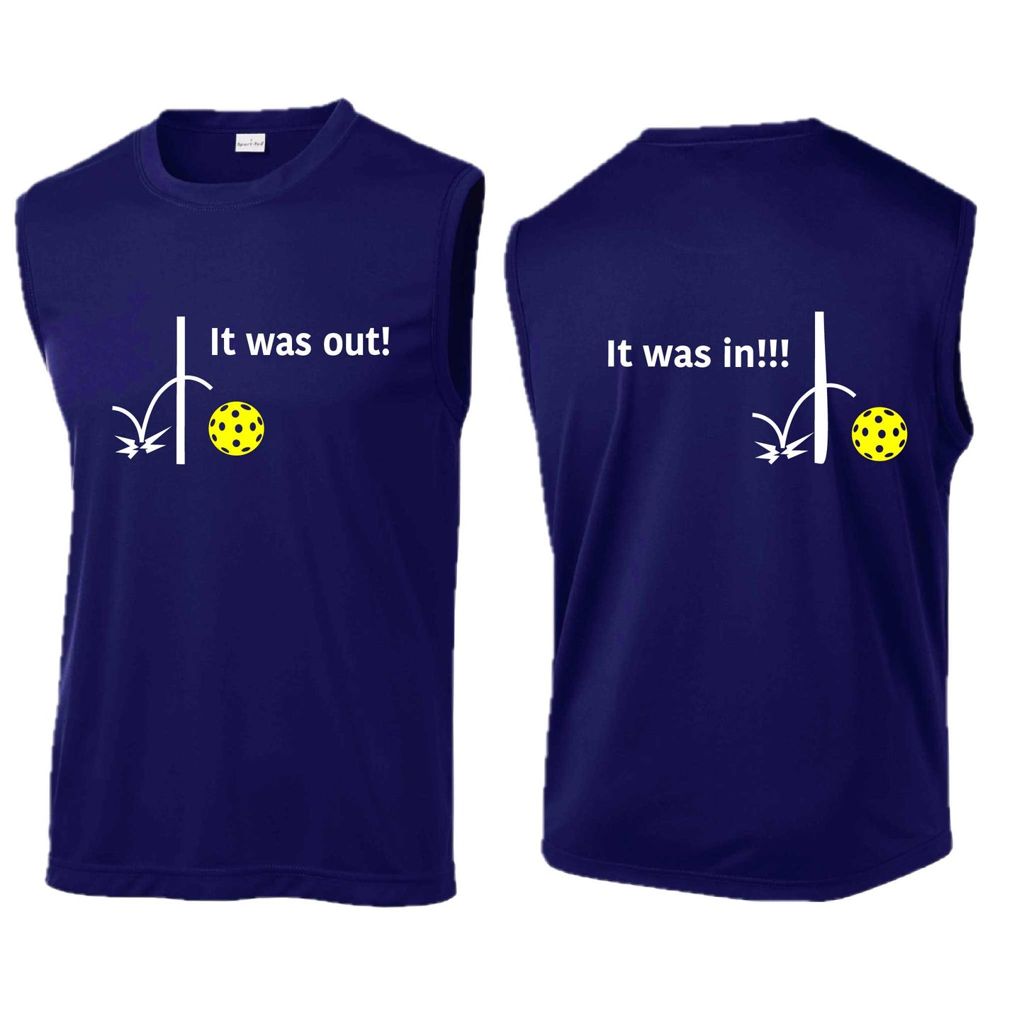 It Was Out! It Was In! (Pickleballs Red White Yellow) | Men's Sleeveless Athletic Performance T-Shirt | 100% Polyester