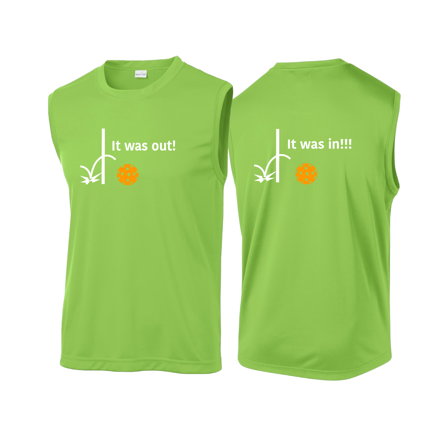 It Was Out! It Was In! (Pickleballs Cyan Green Orange) | Men's Sleeveless Athletic Shirt | 100% Polyester