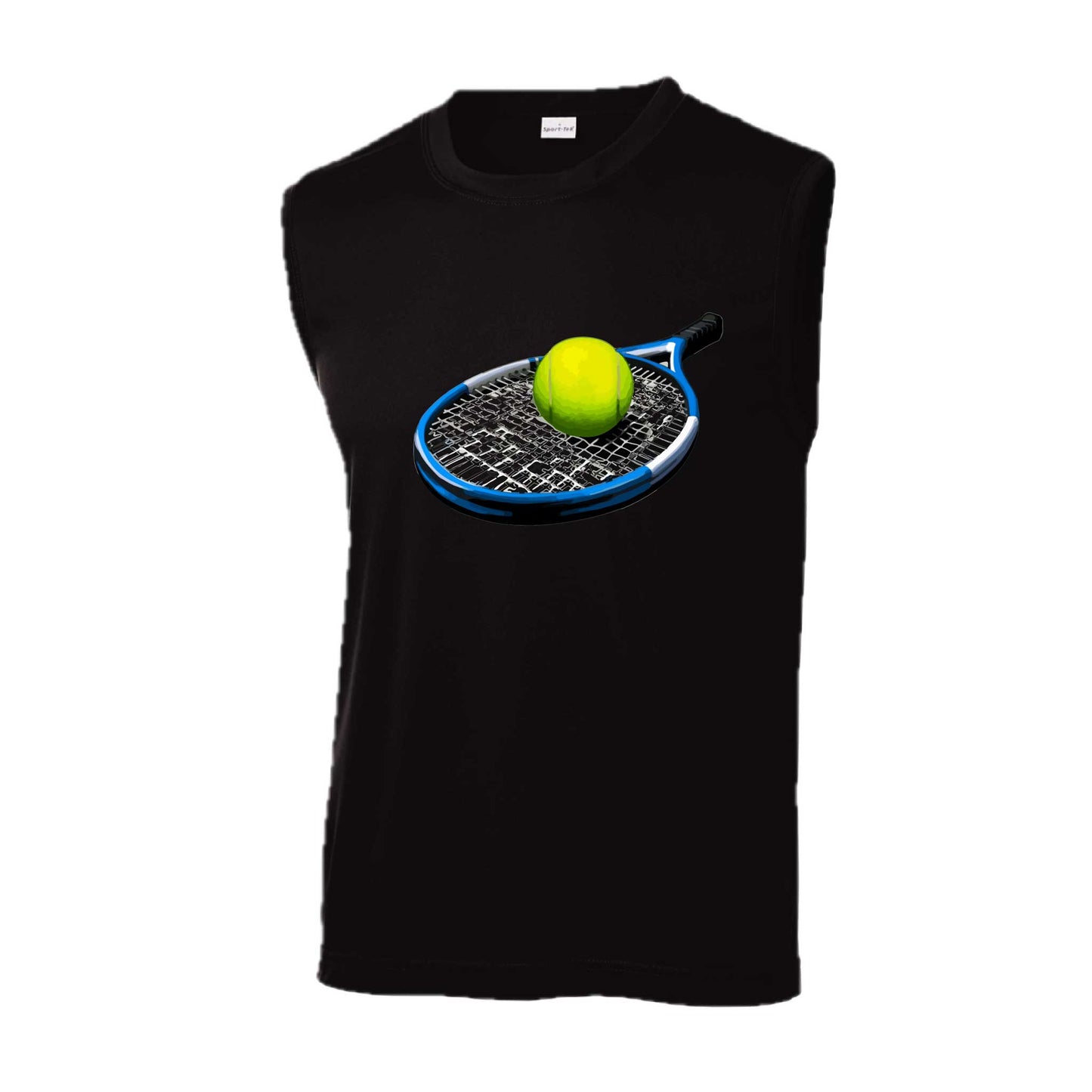 Tennis Racquet and Ball | Men's Sleeveless Athletic Tennis Performance T-Shirt | 100% Polyester