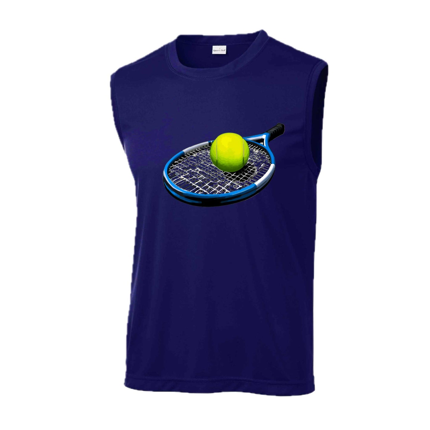Tennis Racquet and Ball | Men's Sleeveless Athletic Tennis Performance T-Shirt | 100% Polyester