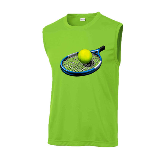 Tennis Racquet and Ball | Men's Sleeveless Athletic Tennis Performance T-Shirt | 100% Polyester
