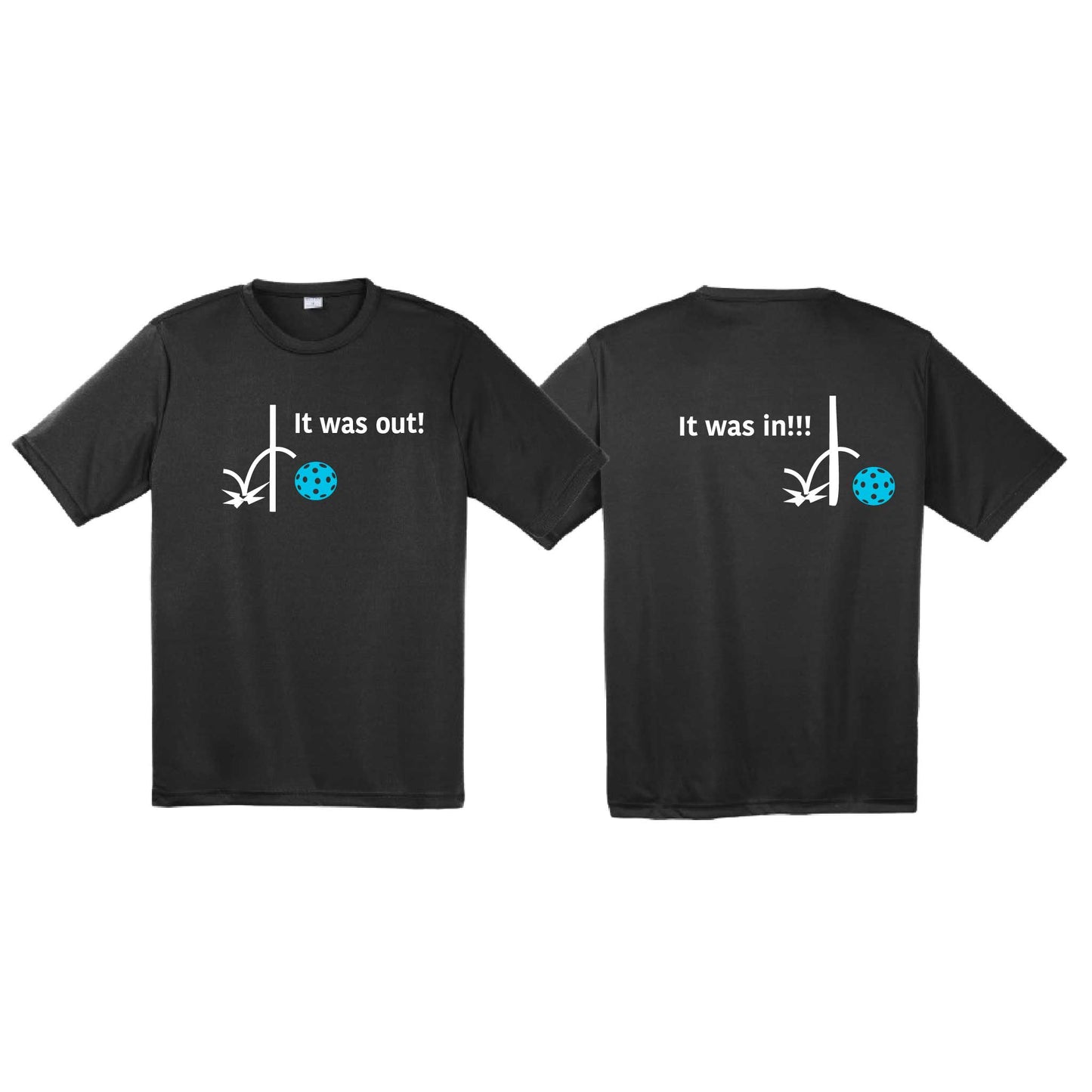 It Was Out! It Was In! (Pickleballs Cyan Green Orange) | Men's Short Sleeve Athletic Performance T-Shirt | 100% Polyester