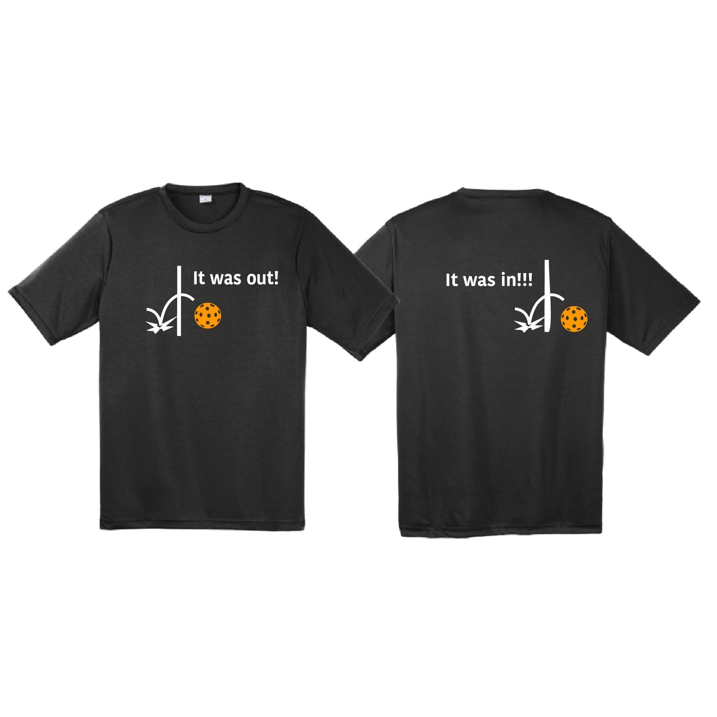 It Was Out! It Was In! (Pickleballs Cyan Green Orange) | Men's Short Sleeve Athletic Performance T-Shirt | 100% Polyester
