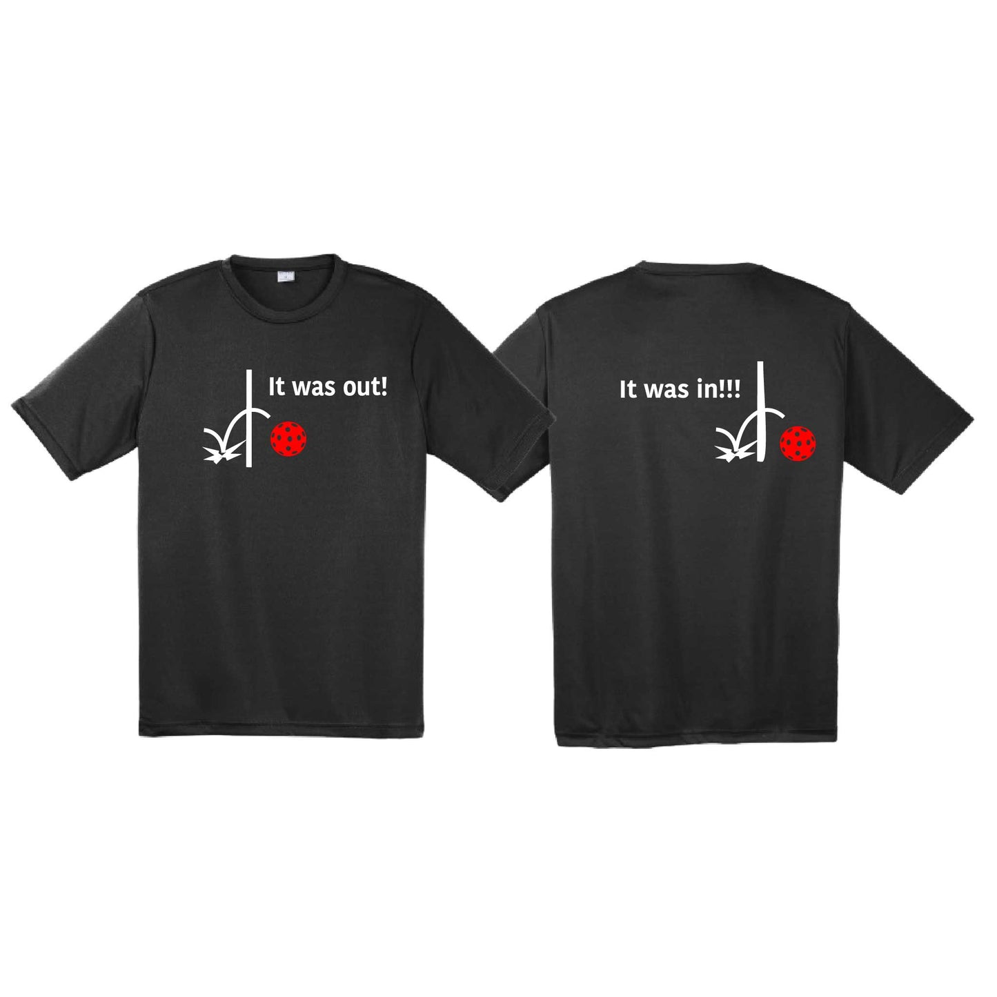 It Was Out! It Was In! (Pickleballs Red White Yellow) | Men's Short Sleeve Athletic Performance T-Shirt | 100% Polyester