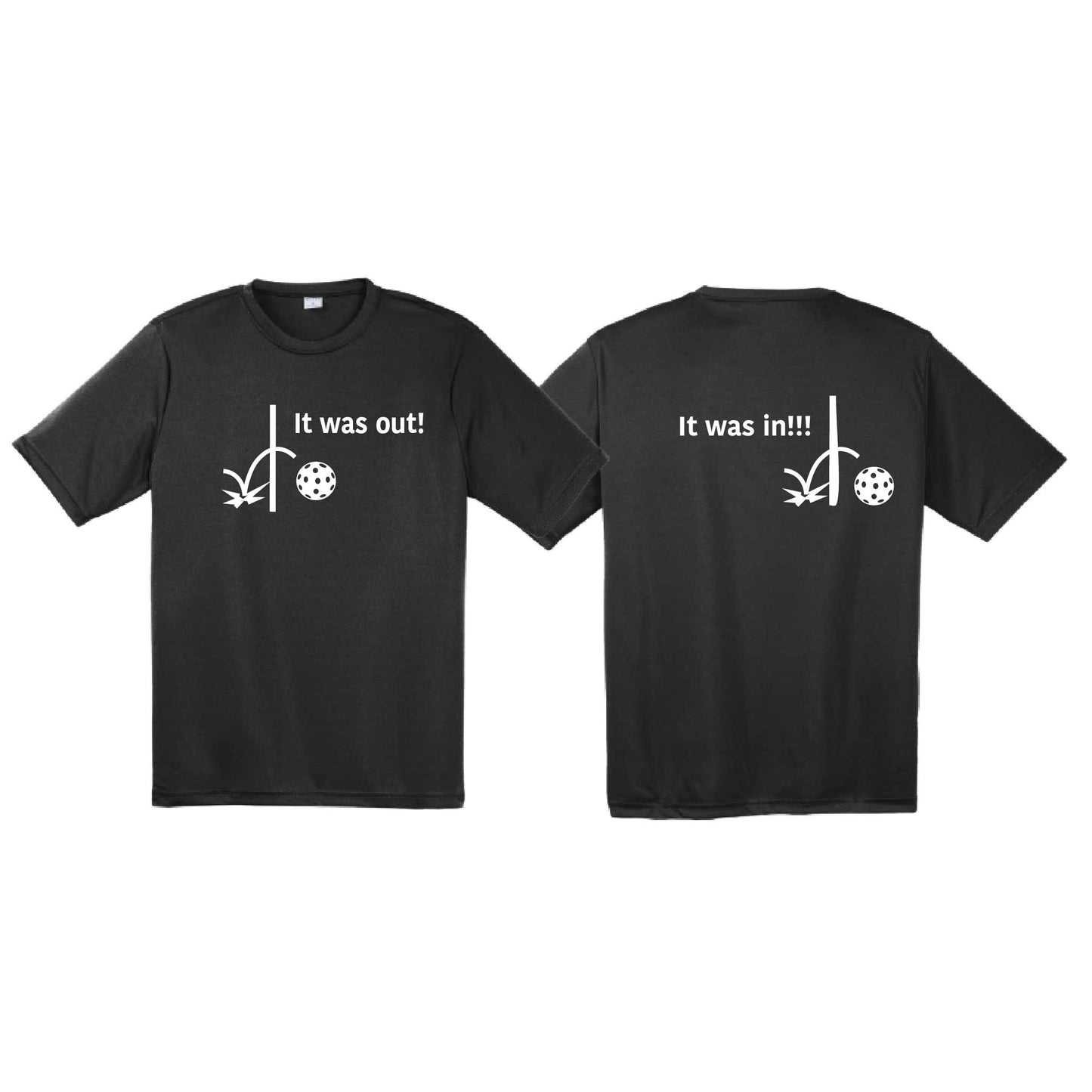 It Was Out! It Was In! (Pickleballs Red White Yellow) | Men's Short Sleeve Athletic Performance T-Shirt | 100% Polyester