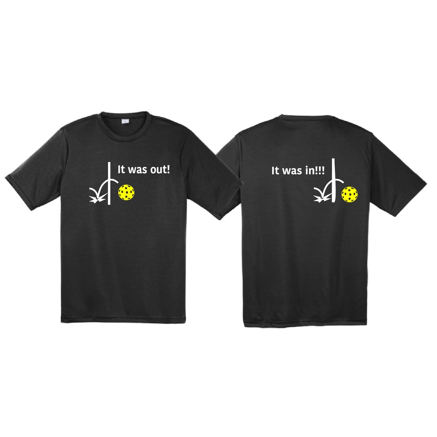 It Was Out! It Was In! (Pickleballs Red White Yellow) | Men's Short Sleeve Athletic Performance T-Shirt | 100% Polyester