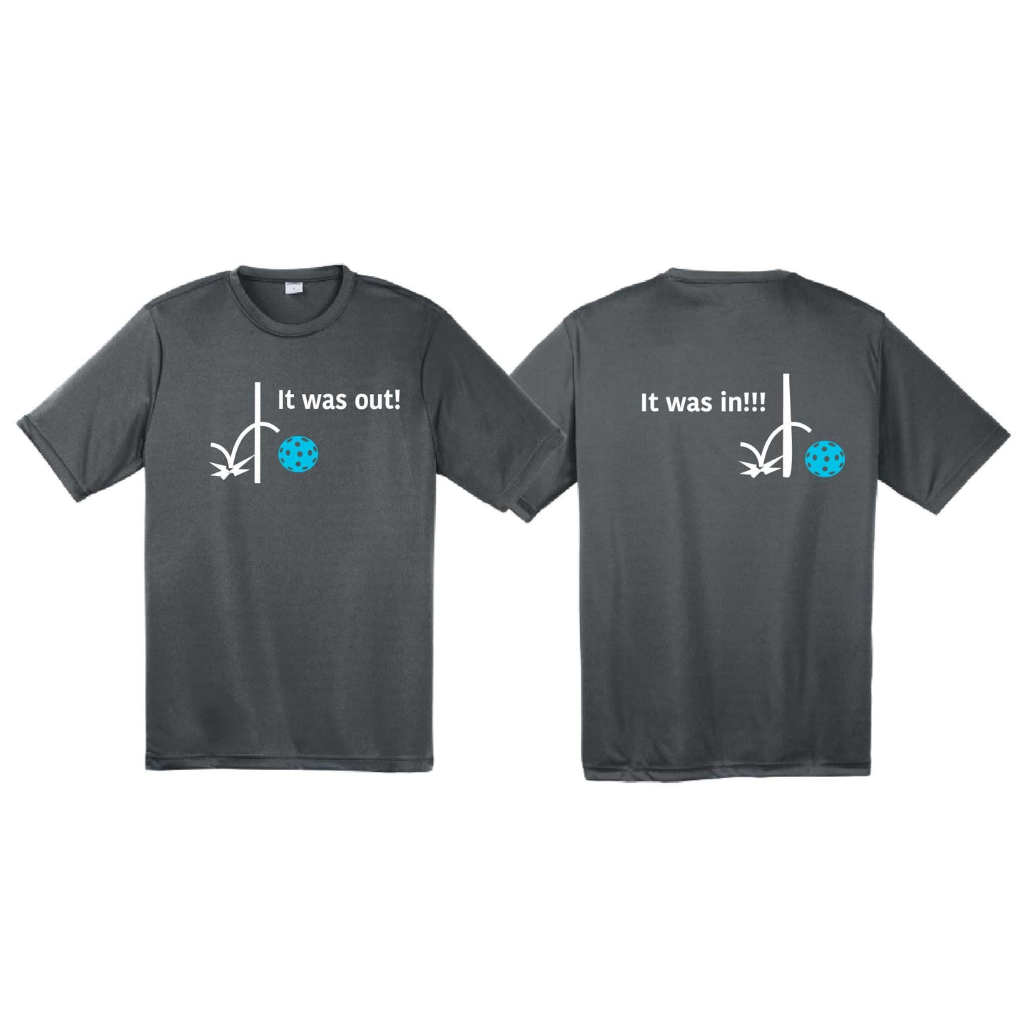 It Was Out! It Was In! (Pickleballs Cyan Green Orange) | Men's Short Sleeve Athletic Performance T-Shirt | 100% Polyester