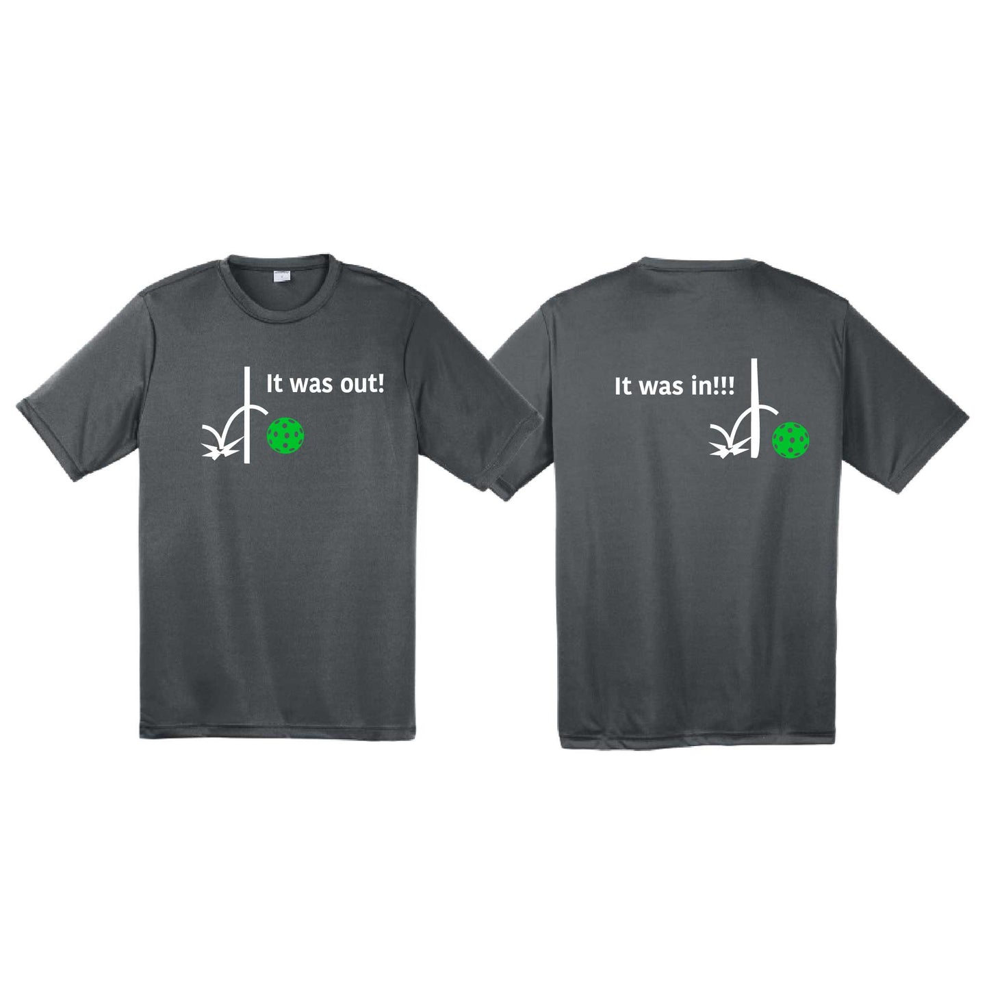 It Was Out! It Was In! (Pickleballs Cyan Green Orange) | Men's Short Sleeve Athletic Performance T-Shirt | 100% Polyester