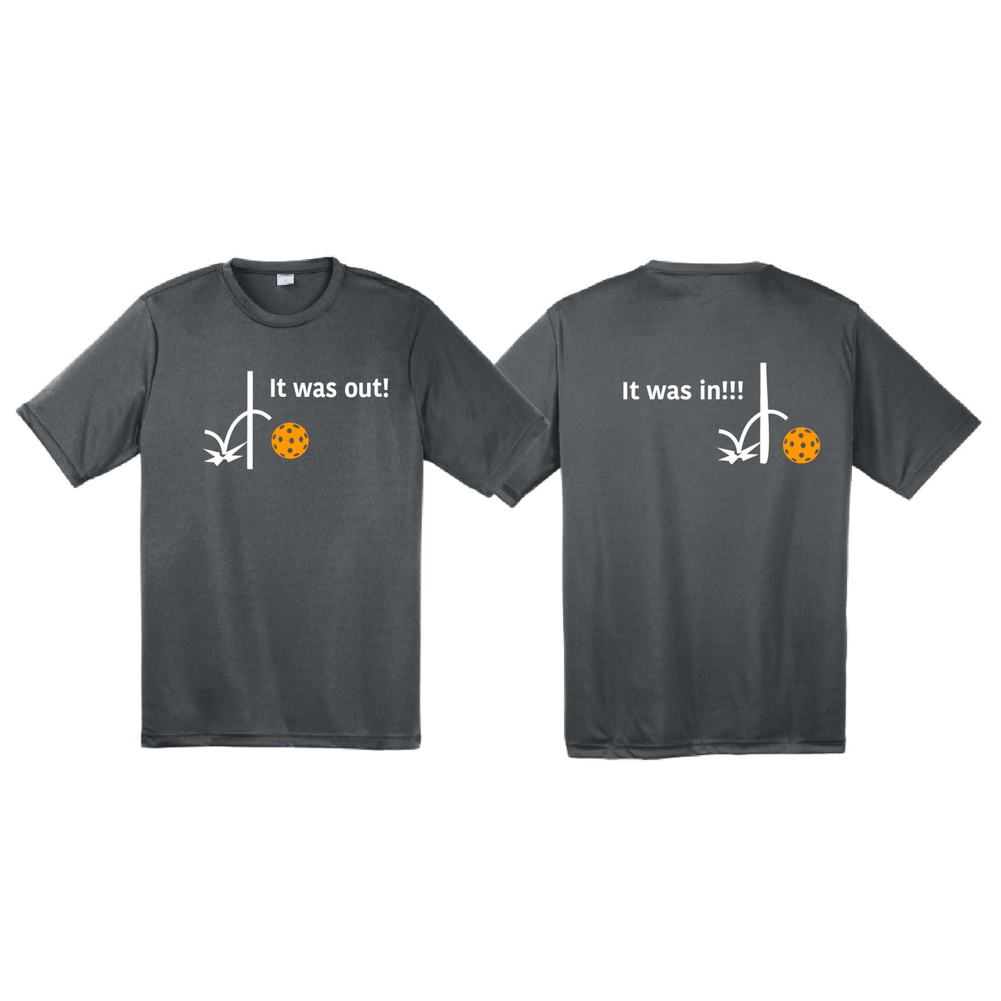 It Was Out! It Was In! (Pickleballs Cyan Green Orange) | Men's Short Sleeve Athletic Performance T-Shirt | 100% Polyester