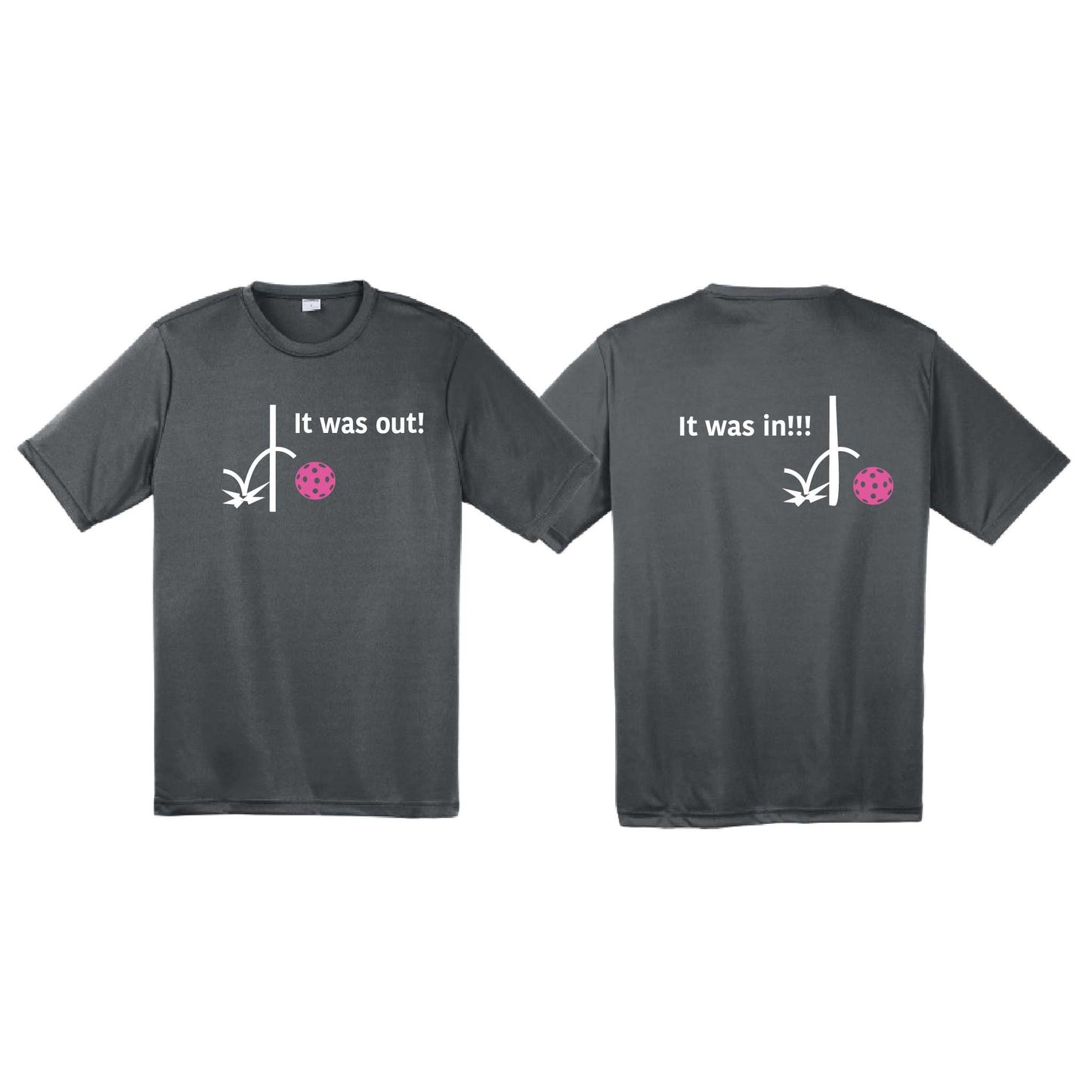 It Was Out! It Was In! (Pickleballs Pink Purple Rainbow) | Men's Short Sleeve Athletic Performance T-Shirt | 100% Polyester