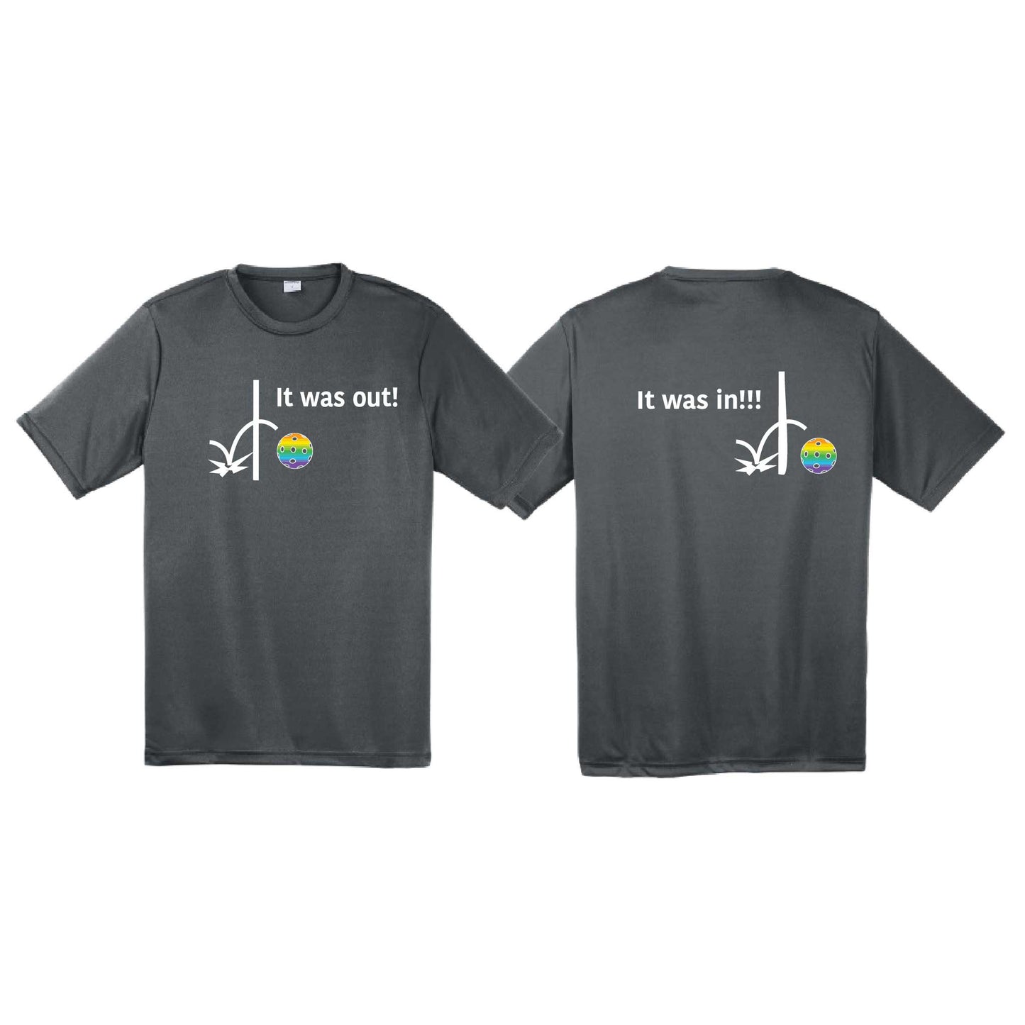 It Was Out! It Was In! (Pickleballs Pink Purple Rainbow) | Men's Short Sleeve Athletic Performance T-Shirt | 100% Polyester