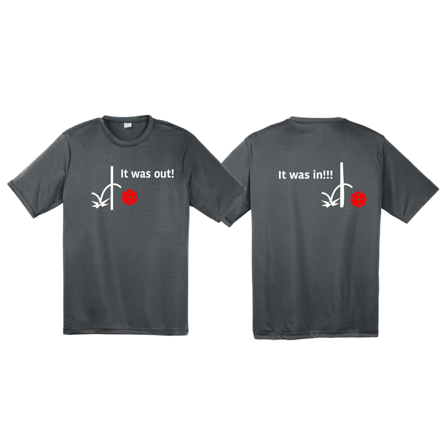 It Was Out! It Was In! (Pickleballs Red White Yellow) | Men's Short Sleeve Athletic Performance T-Shirt | 100% Polyester