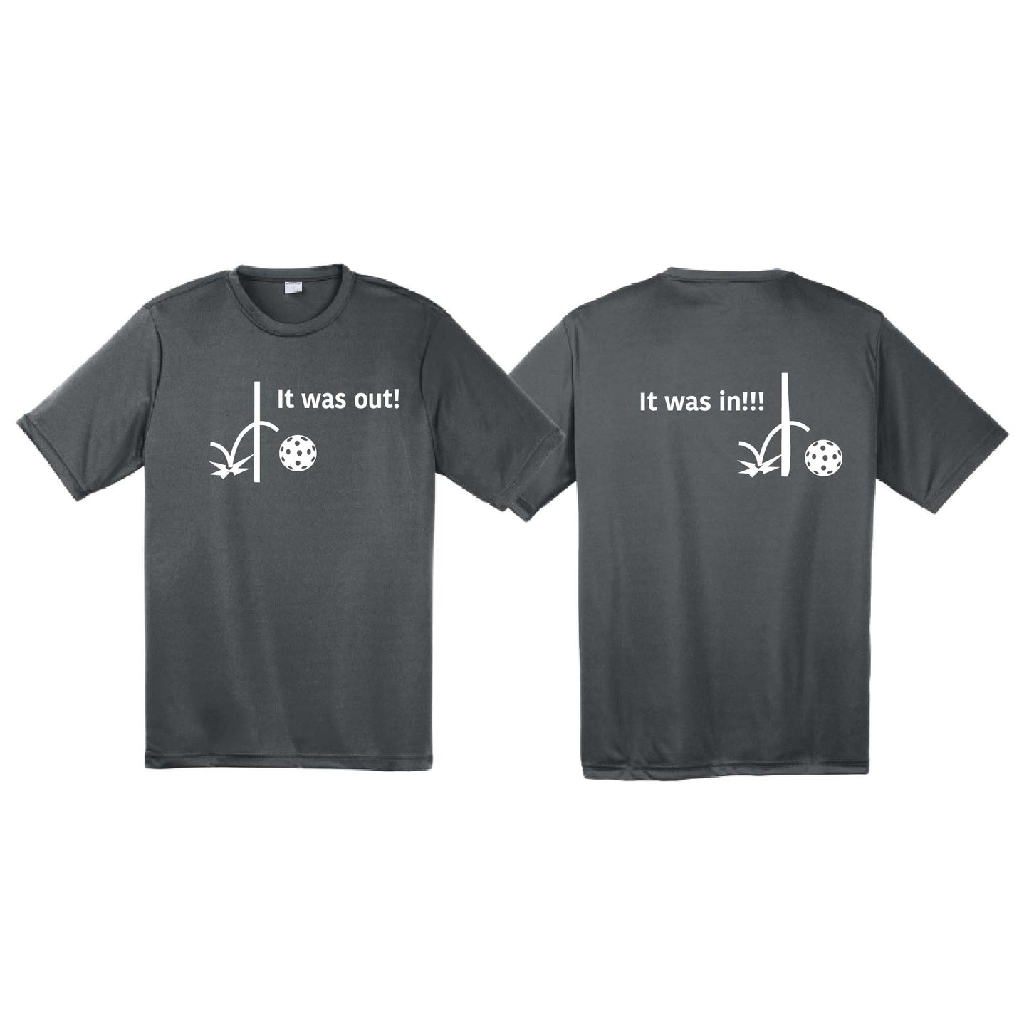 It Was Out! It Was In! (Pickleballs Red White Yellow) | Men's Short Sleeve Athletic Performance T-Shirt | 100% Polyester