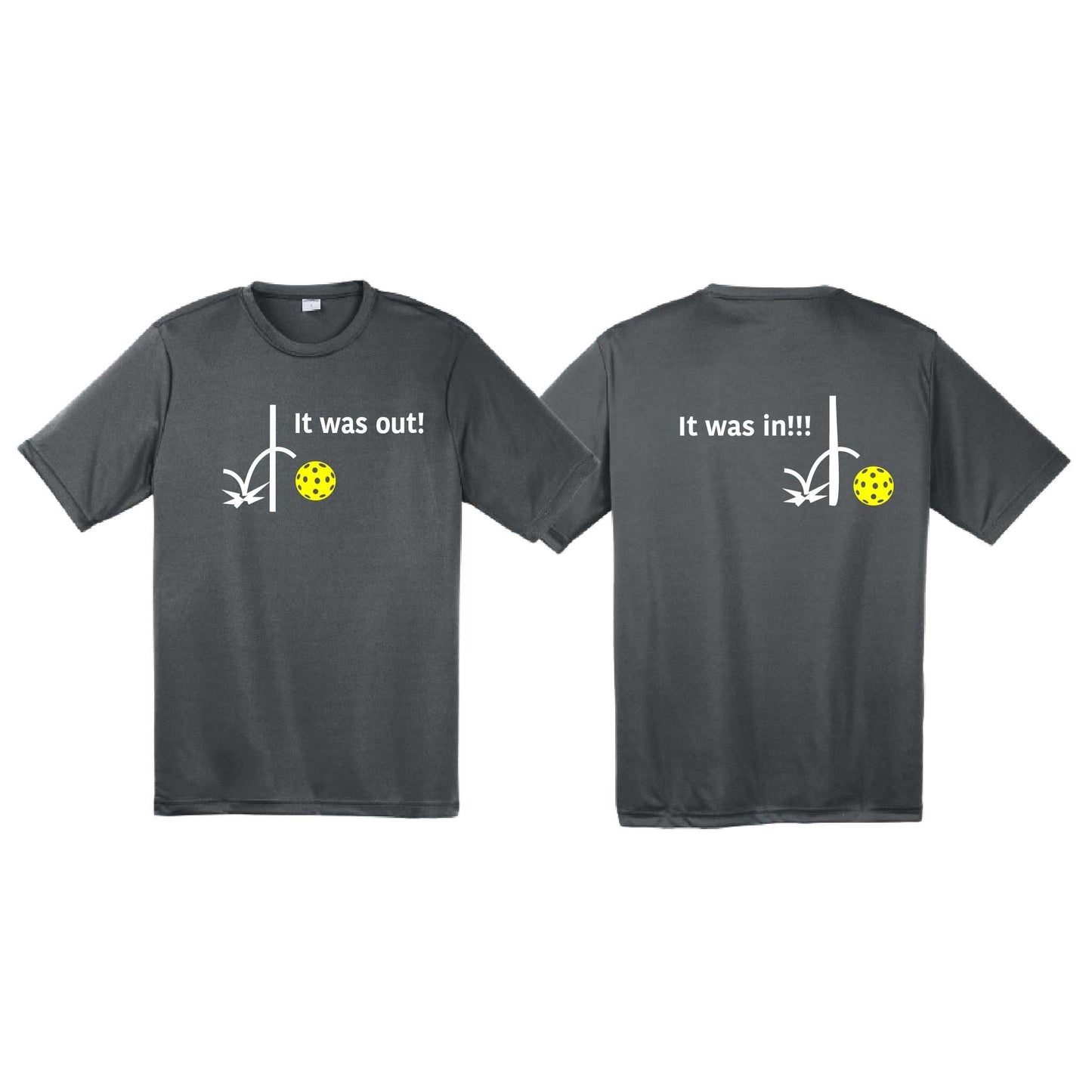 It Was Out! It Was In! (Pickleballs Red White Yellow) | Men's Short Sleeve Athletic Performance T-Shirt | 100% Polyester