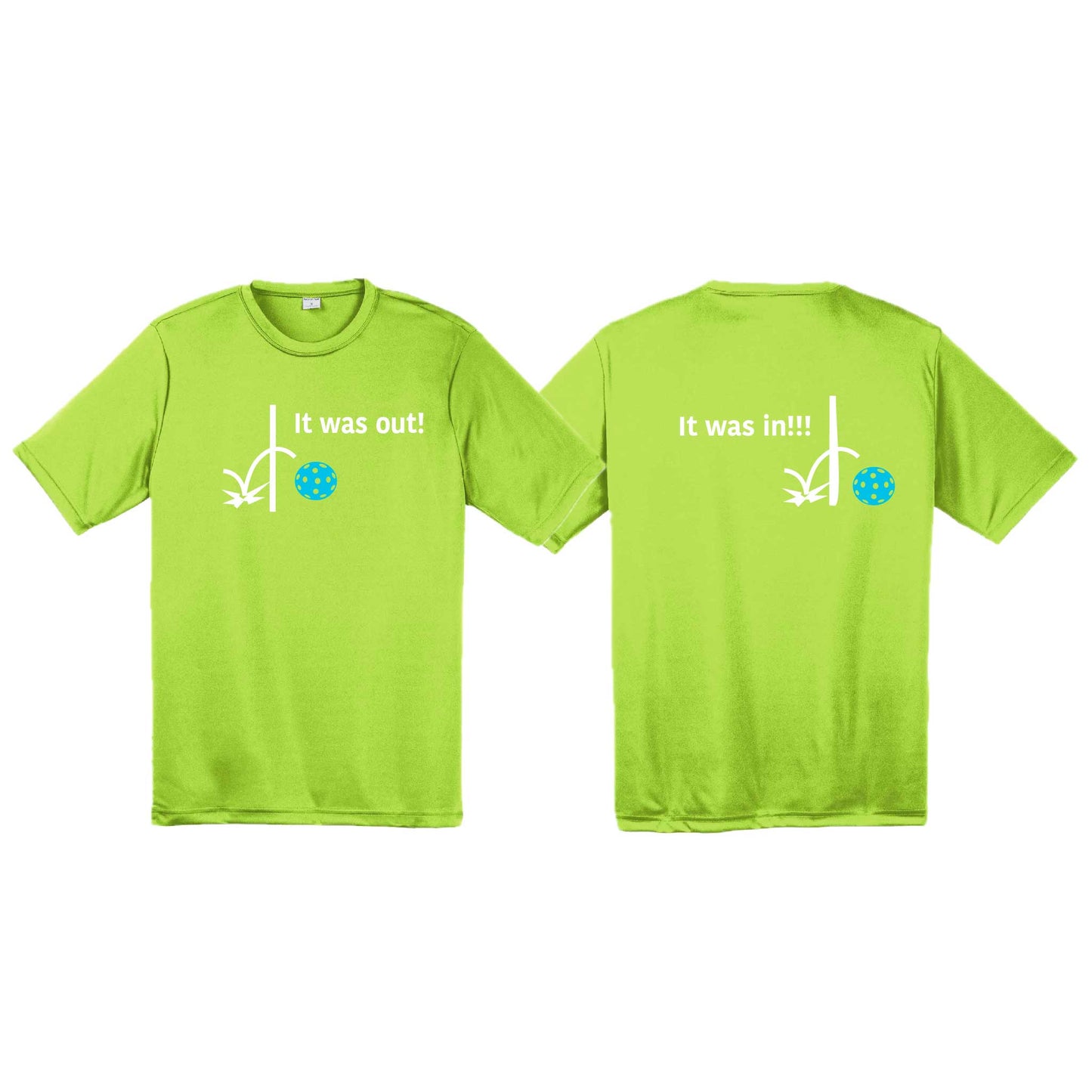 It Was Out! It Was In! (Pickleballs Cyan Green Orange) | Men's Short Sleeve Athletic Performance T-Shirt | 100% Polyester