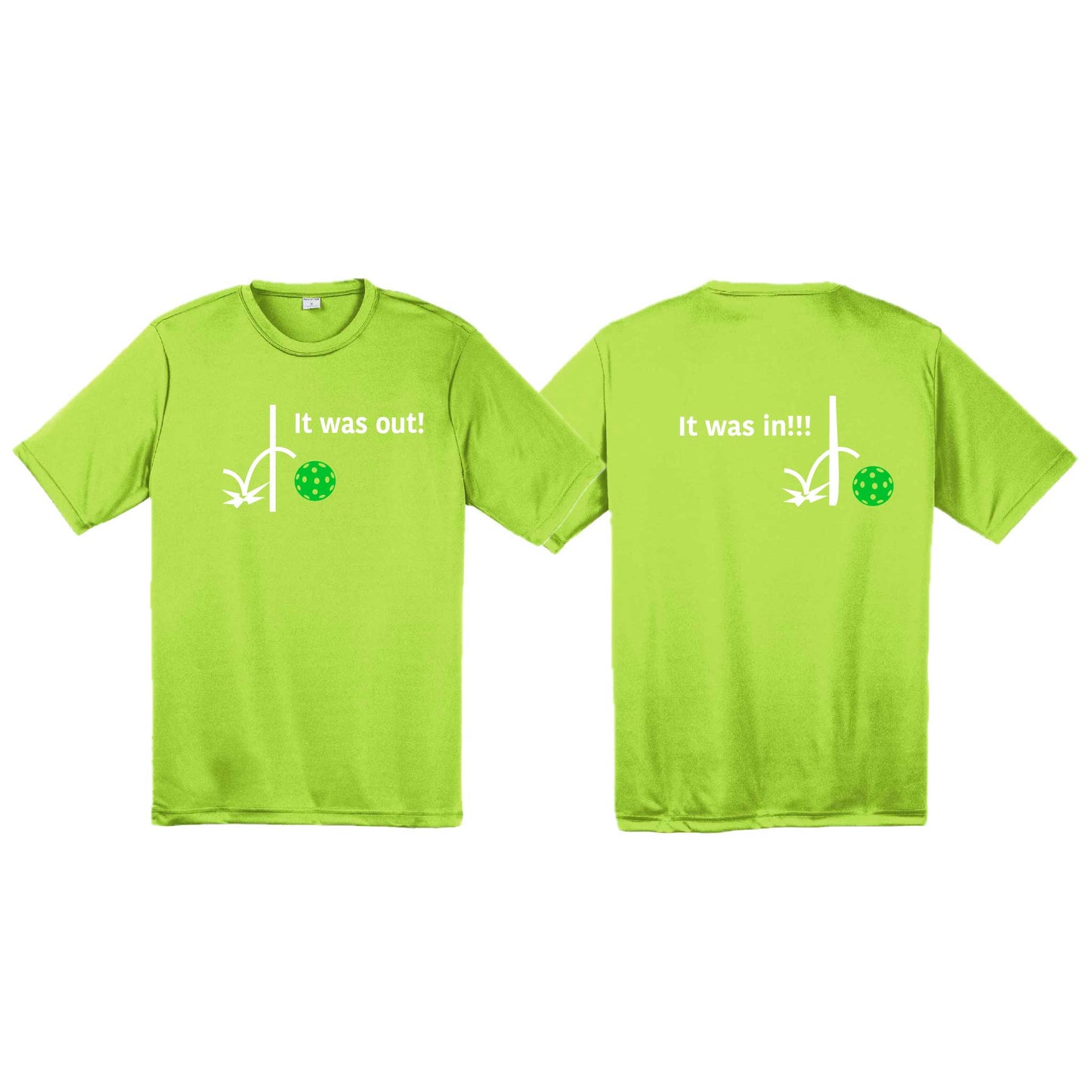 It Was Out! It Was In! (Pickleballs Cyan Green Orange) | Men's Short Sleeve Athletic Performance T-Shirt | 100% Polyester