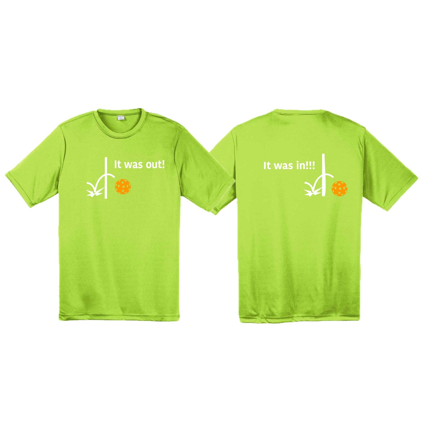 It Was Out! It Was In! (Pickleballs Cyan Green Orange) | Men's Short Sleeve Athletic Performance T-Shirt | 100% Polyester