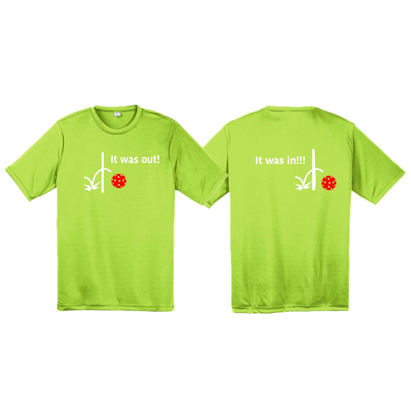 It Was Out! It Was In! (Pickleballs Red White Yellow) | Men's Short Sleeve Athletic Performance T-Shirt | 100% Polyester