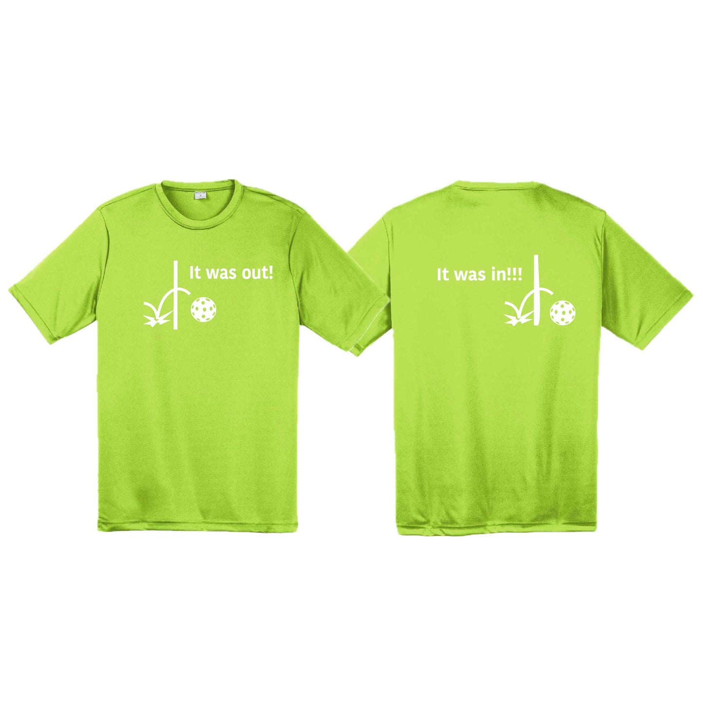 It Was Out! It Was In! (Pickleballs Red White Yellow) | Men's Short Sleeve Athletic Performance T-Shirt | 100% Polyester