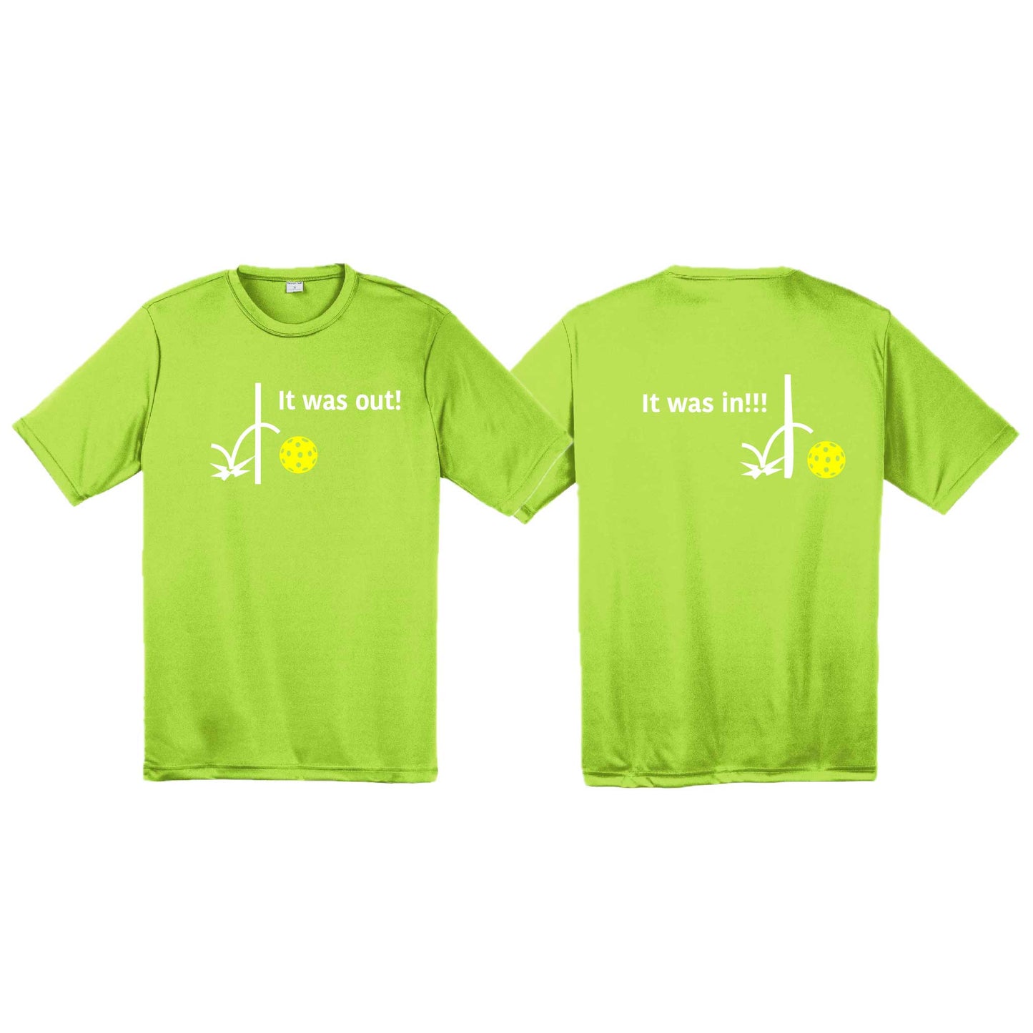 It Was Out! It Was In! (Pickleballs Red White Yellow) | Men's Short Sleeve Athletic Performance T-Shirt | 100% Polyester