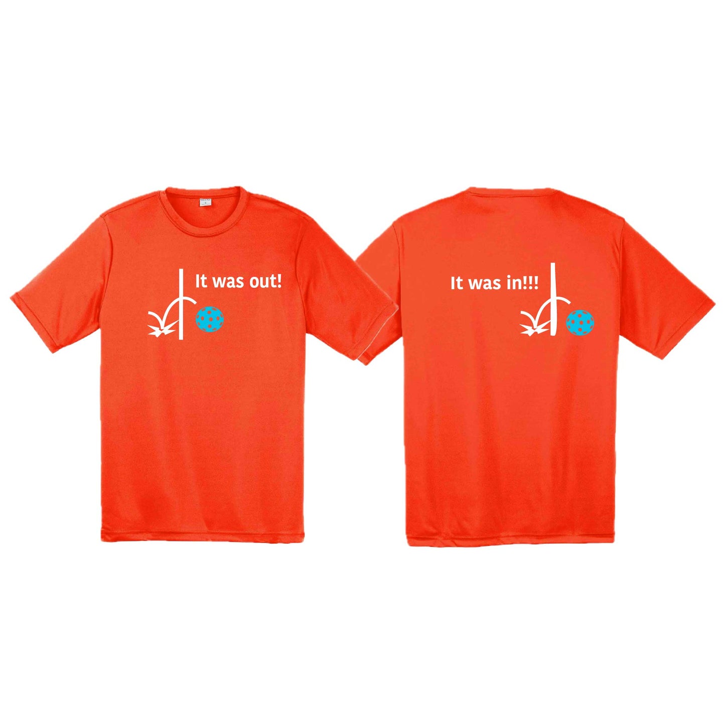 It Was Out! It Was In! (Pickleballs Cyan Green Orange) | Men's Short Sleeve Athletic Performance T-Shirt | 100% Polyester