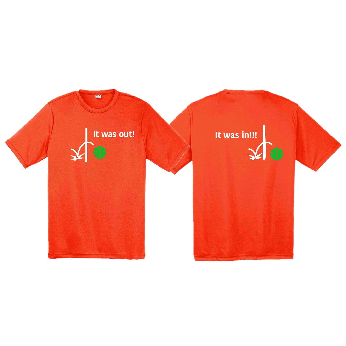 It Was Out! It Was In! (Pickleballs Cyan Green Orange) | Men's Short Sleeve Athletic Performance T-Shirt | 100% Polyester