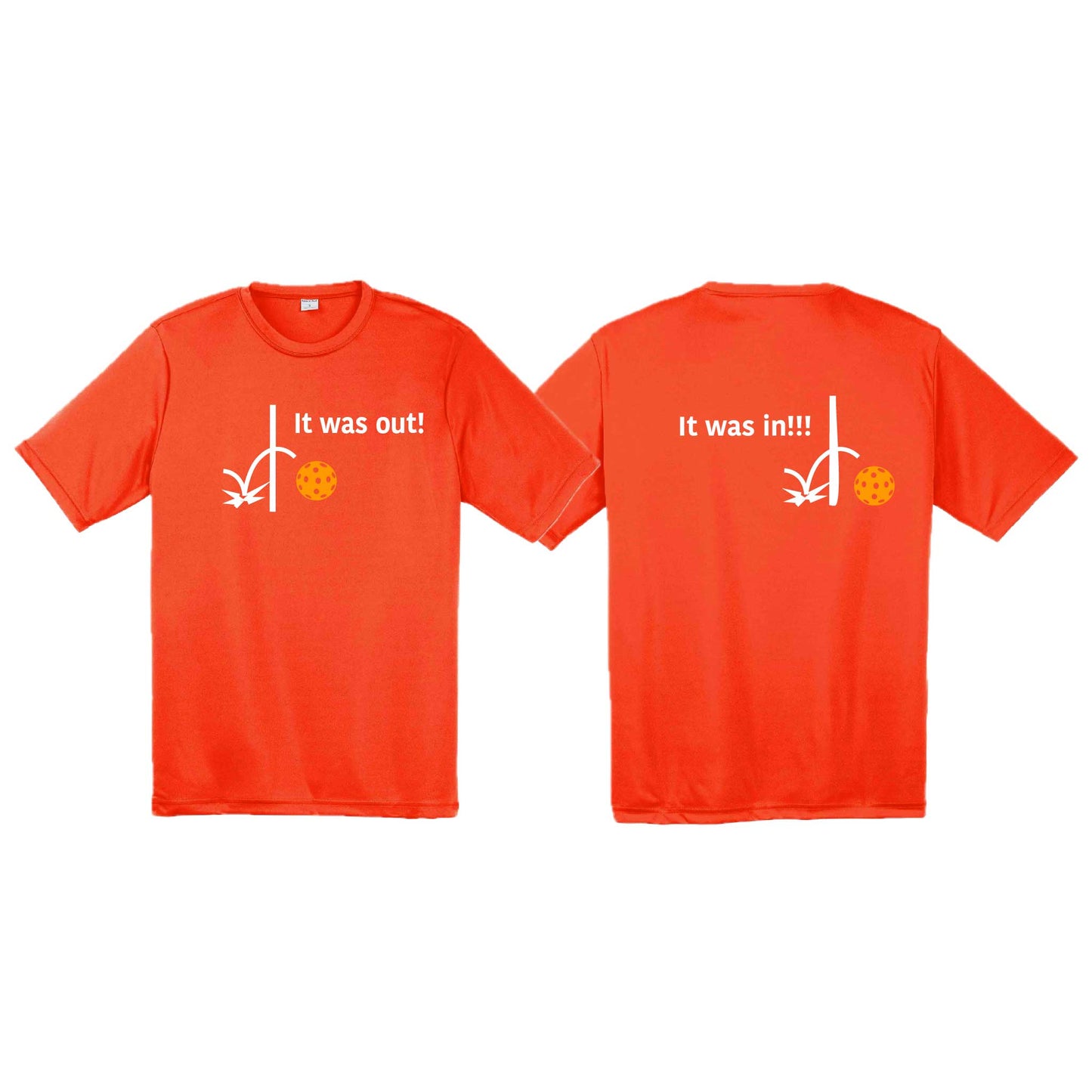 It Was Out! It Was In! (Pickleballs Cyan Green Orange) | Men's Short Sleeve Athletic Performance T-Shirt | 100% Polyester