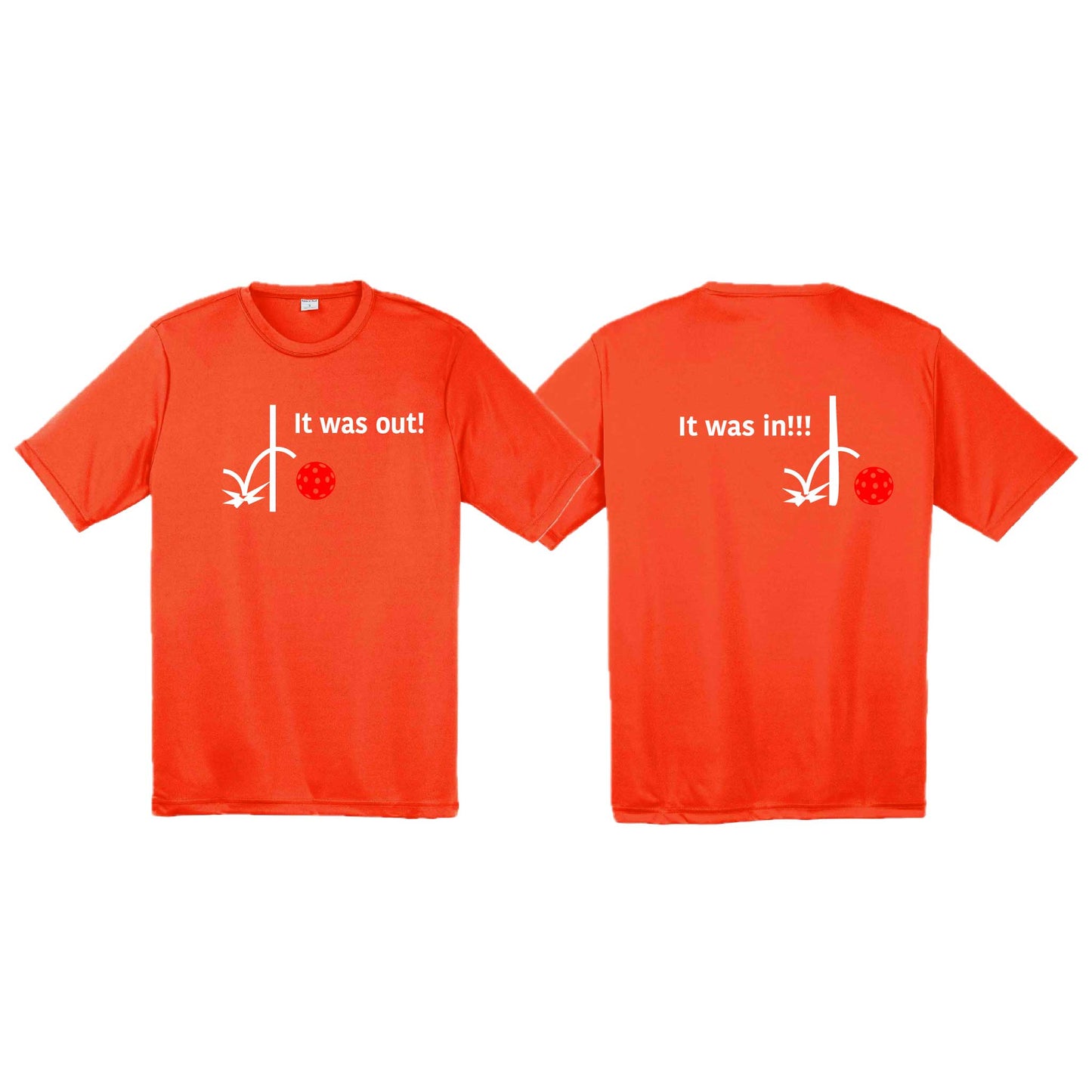 It Was Out! It Was In! (Pickleballs Red White Yellow) | Men's Short Sleeve Athletic Performance T-Shirt | 100% Polyester