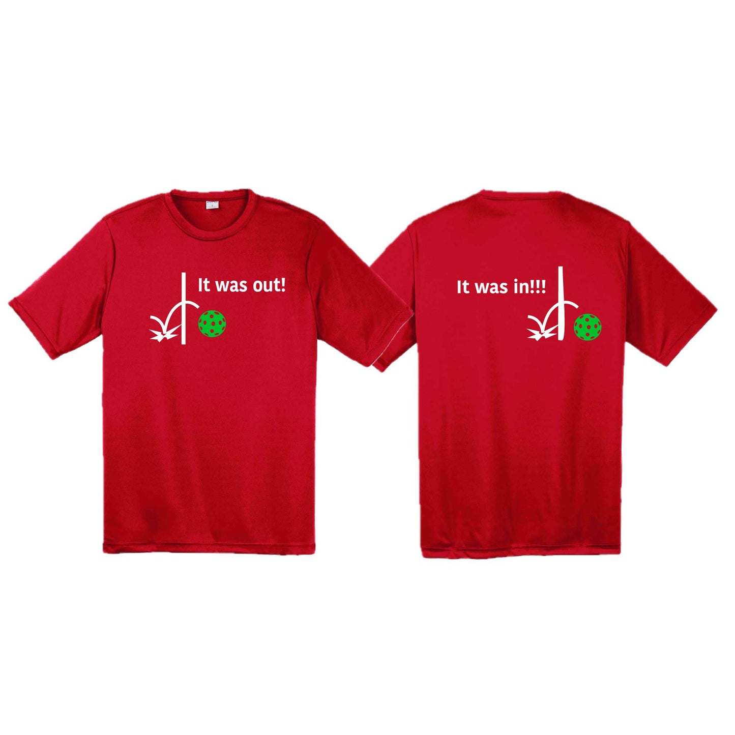 It Was Out! It Was In! (Pickleballs Cyan Green Orange) | Men's Short Sleeve Athletic Performance T-Shirt | 100% Polyester