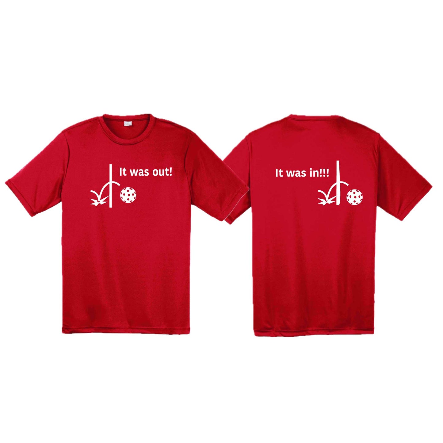 It Was Out! It Was In! (Pickleballs Red White Yellow) | Men's Short Sleeve Athletic Performance T-Shirt | 100% Polyester