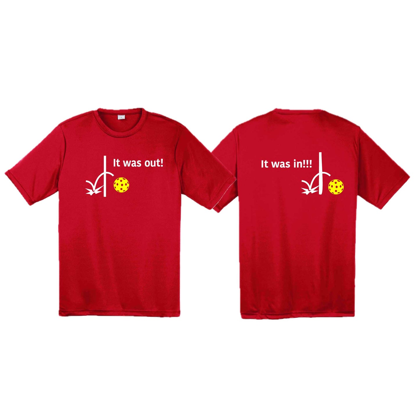 It Was Out! It Was In! (Pickleballs Red White Yellow) | Men's Short Sleeve Athletic Performance T-Shirt | 100% Polyester