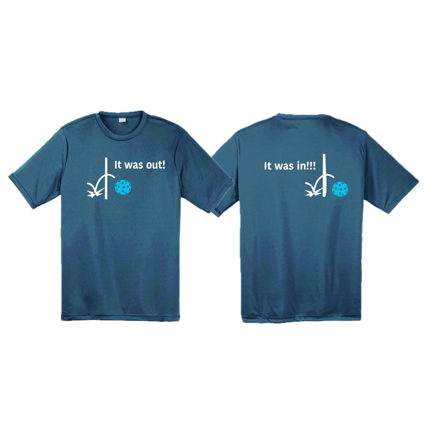It Was Out! It Was In! (Pickleballs Cyan Green Orange) | Men's Short Sleeve Athletic Performance T-Shirt | 100% Polyester