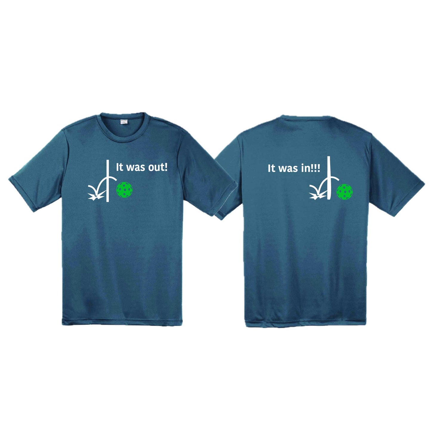 It Was Out! It Was In! (Pickleballs Cyan Green Orange) | Men's Short Sleeve Athletic Performance T-Shirt | 100% Polyester