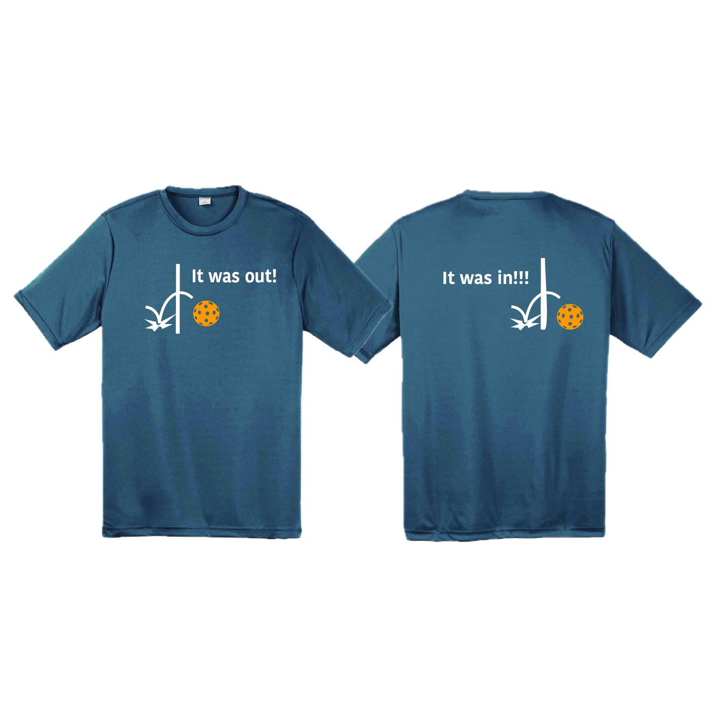 It Was Out! It Was In! (Pickleballs Cyan Green Orange) | Men's Short Sleeve Athletic Performance T-Shirt | 100% Polyester
