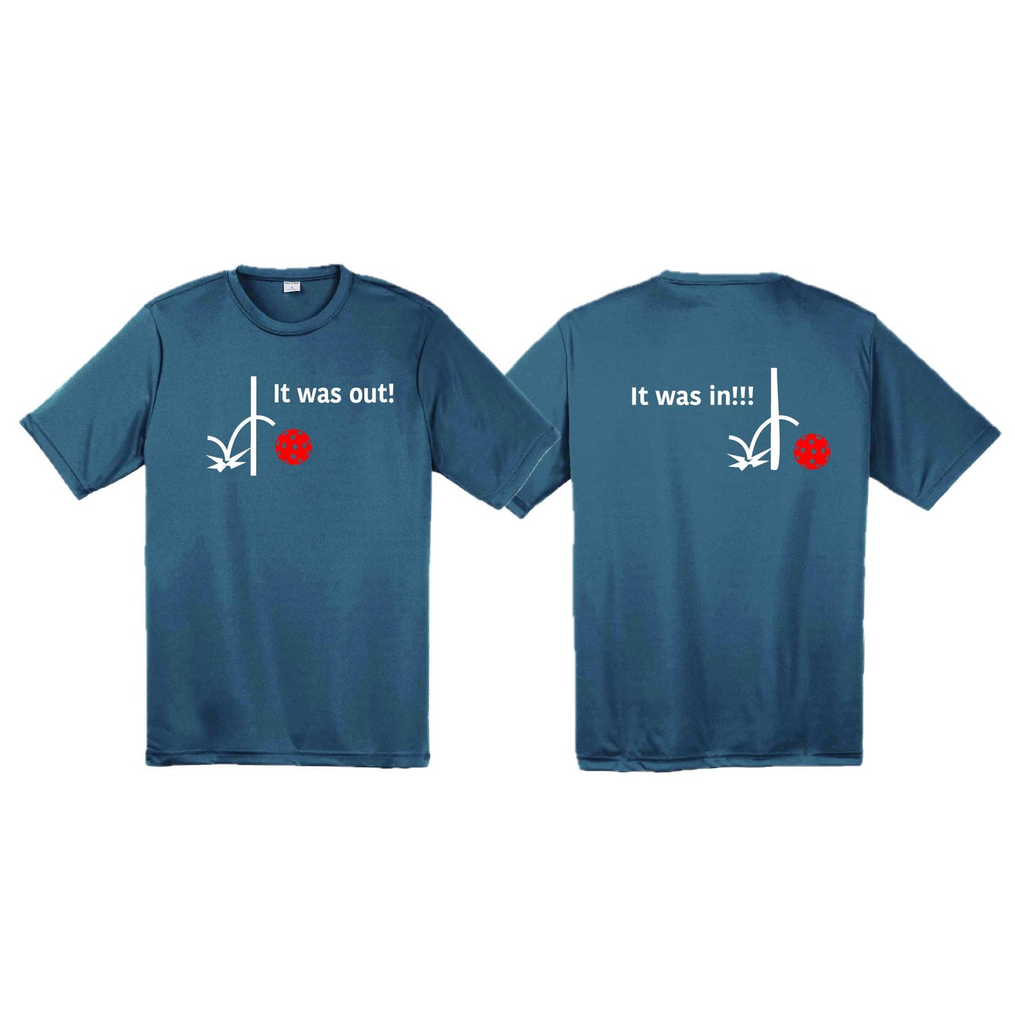 It Was Out! It Was In! (Pickleballs Red White Yellow) | Men's Short Sleeve Athletic Performance T-Shirt | 100% Polyester