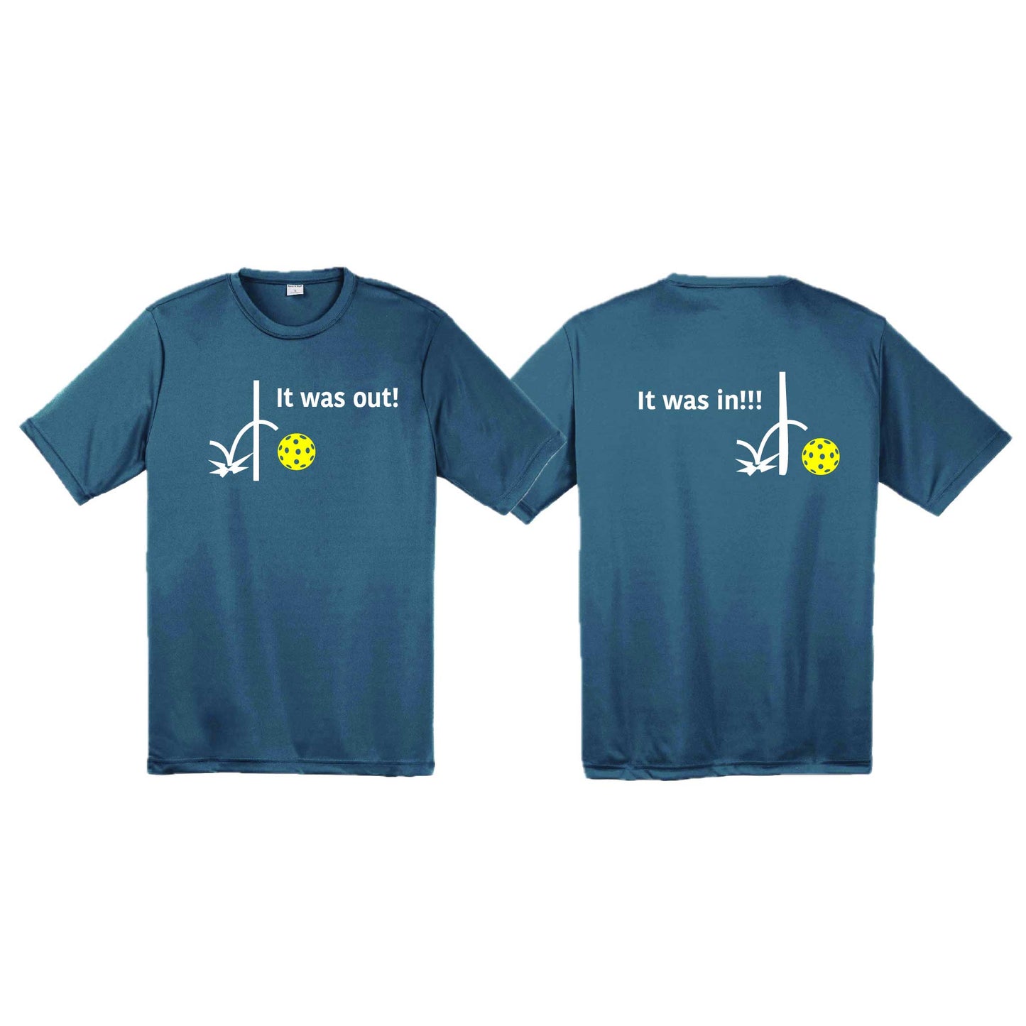 It Was Out! It Was In! (Pickleballs Red White Yellow) | Men's Short Sleeve Athletic Performance T-Shirt | 100% Polyester