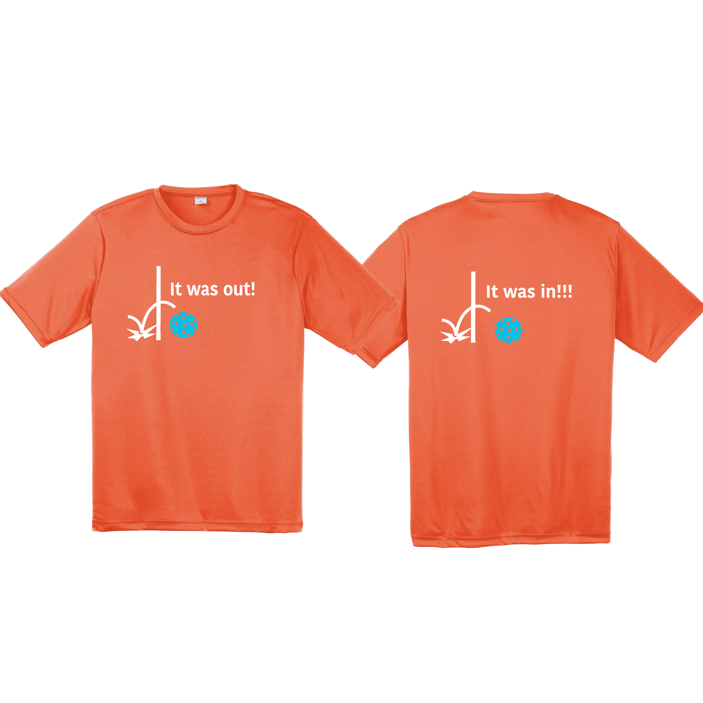 It Was Out! It Was In! (Pickleballs Cyan Green Orange) | Men's Short Sleeve Athletic Shirt | 100% Polyester