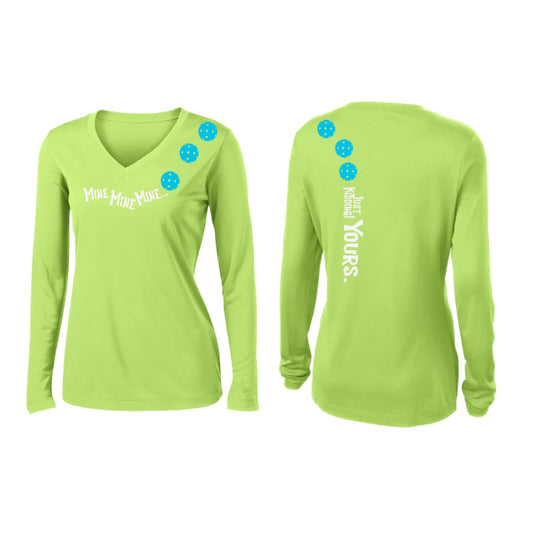 Mine JK Yours (Pickleballs Cyan Green Orange) | Women’s Long Sleeve V-Neck Pickleball Performance T-Shirt | 100% Polyester