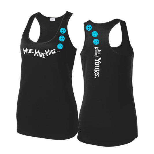 Mine JK Yours (Pickleballs Cyan Green Orange) | Women's Racerback Pickleball Tank | 100% Polyester