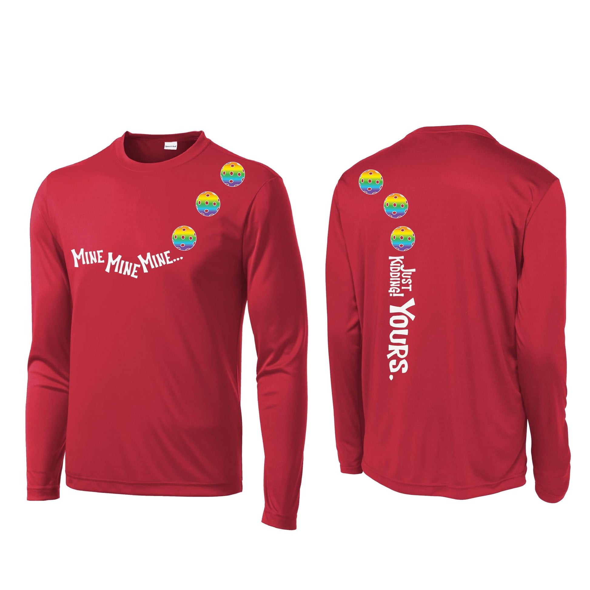 Mine JK Yours (Pickleballs Pink Purple Rainbow) | Men's Long Sleeve Athletic Performance T-Shirt | 100% Polyester