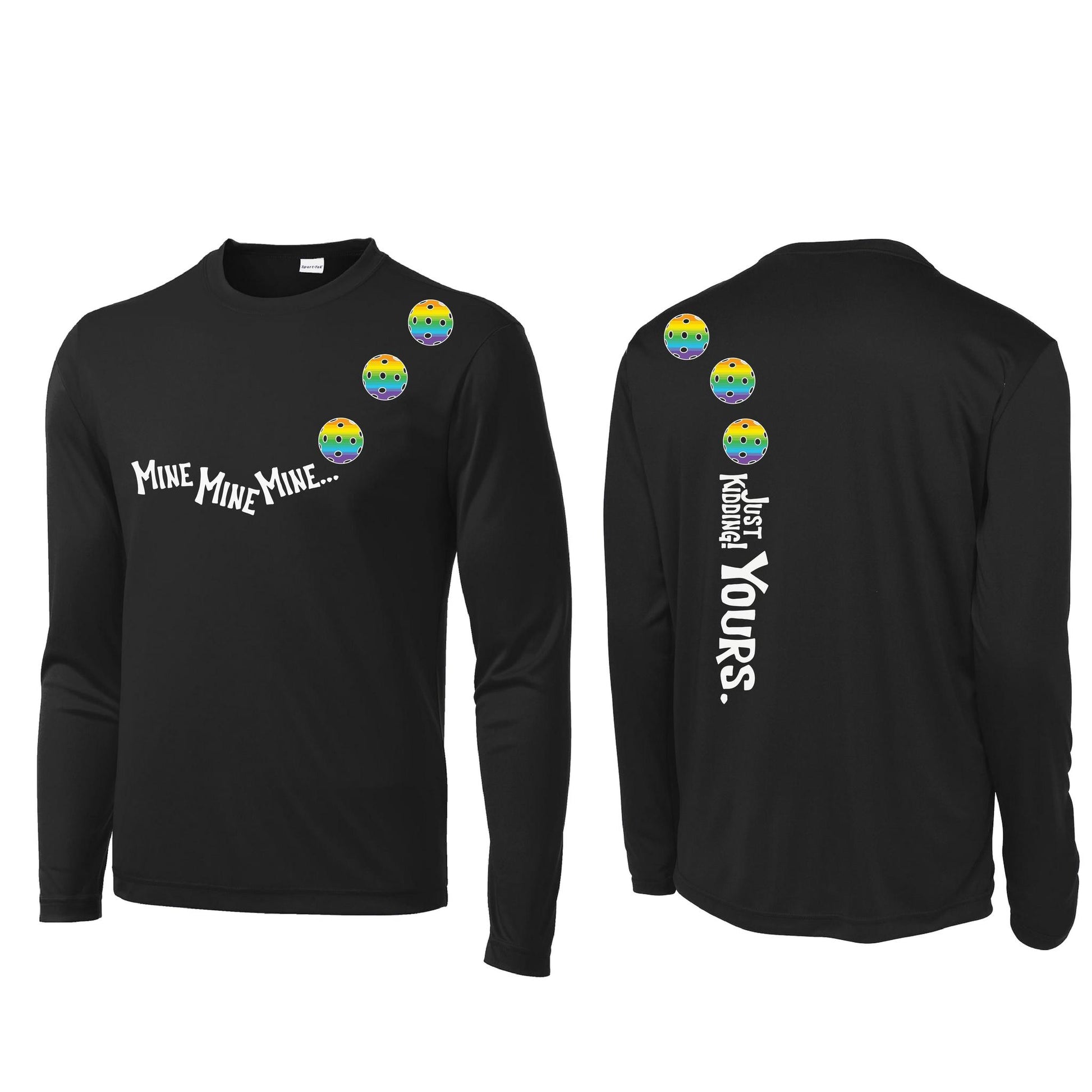 Mine JK Yours (Pickleballs Pink Purple Rainbow) | Men's Long Sleeve Athletic Performance T-Shirt | 100% Polyester