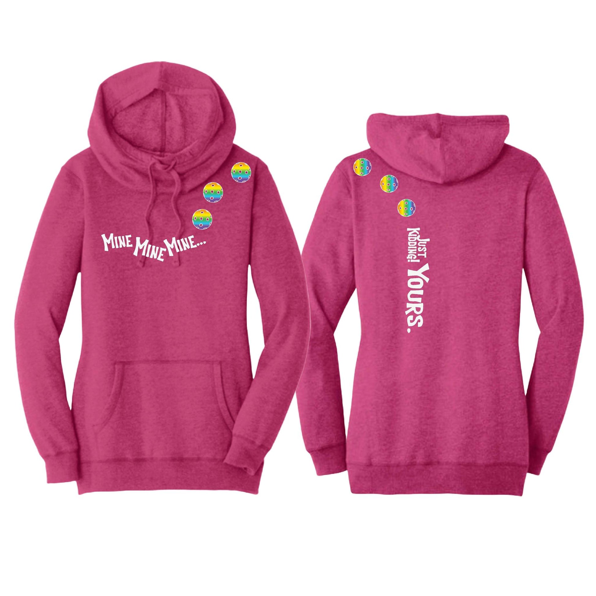 Mine JK Yours (Pickleballs Pink Purple Rainbow) | Women’s Cowl-Neck Hoodie Pickleball Sweatshirt | 55% Cotton 45% Poly Fleece